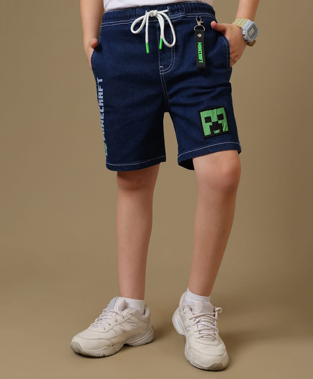 Kidsville Denim Knit Minecraft Featuring Creeper Patch Detailed Shorts - Blue-image-5