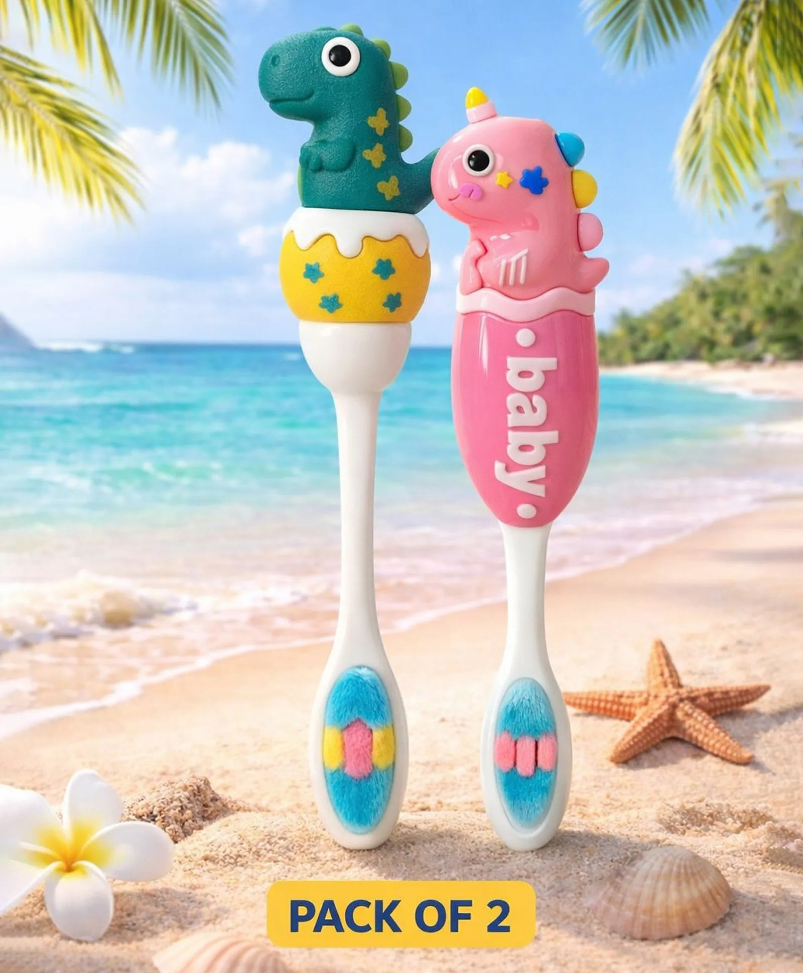 Ortis Kids Toothbrush with Soft Silicone Head - (Pack of 2) Green & Pink-picture-28
