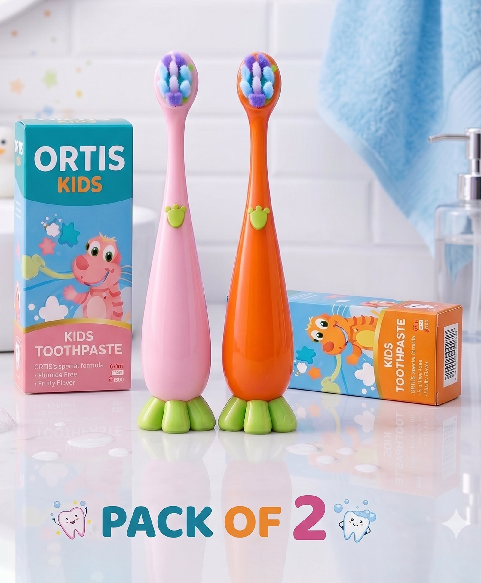 Ortis Kids Toothbrush with Soft Silicone Head - (Pack of 2) Pink & Orange-picture-8