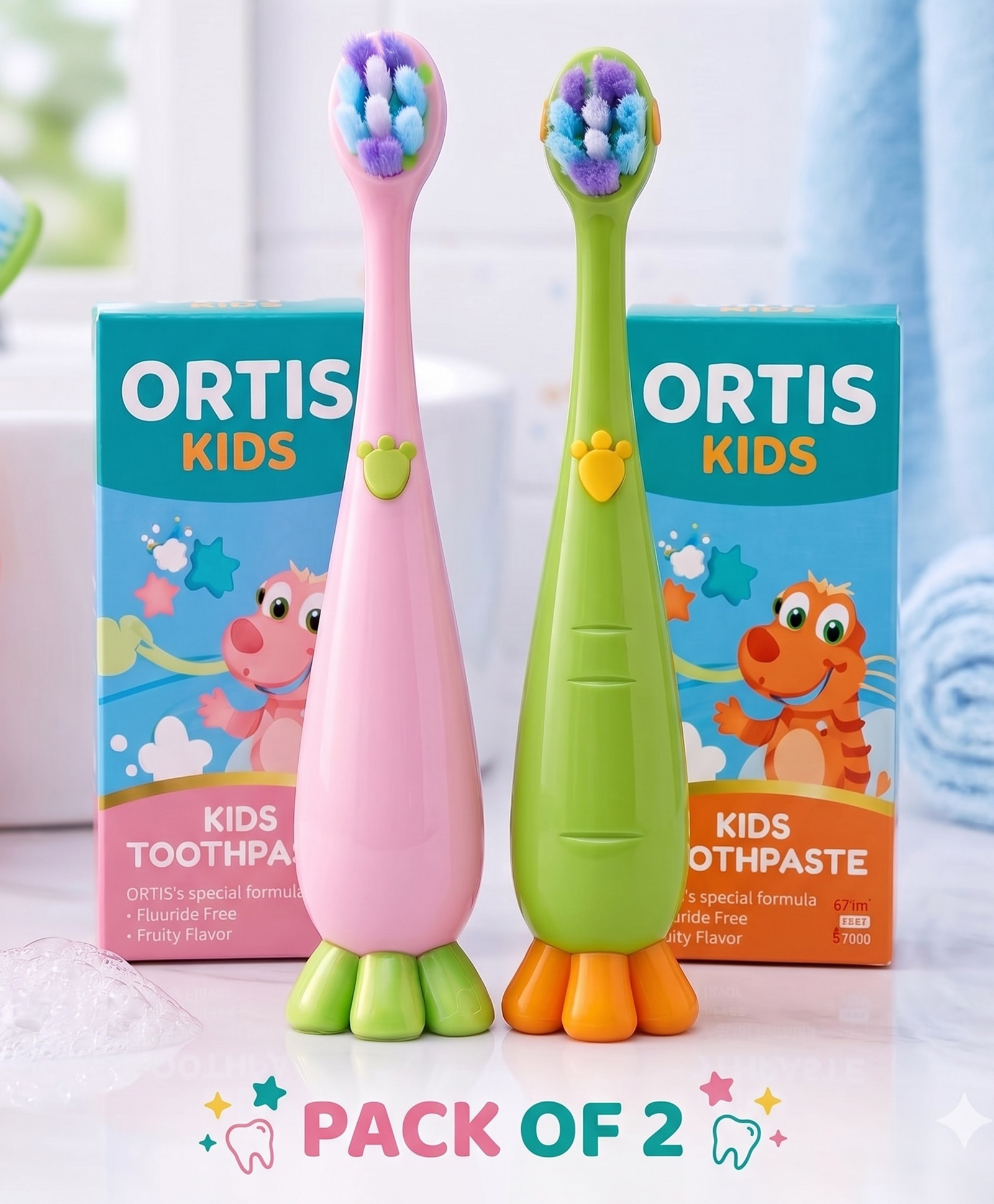 Ortis Kids Toothbrush with Soft Silicone Head - (Pack of 2) Pink & Green-picture-11