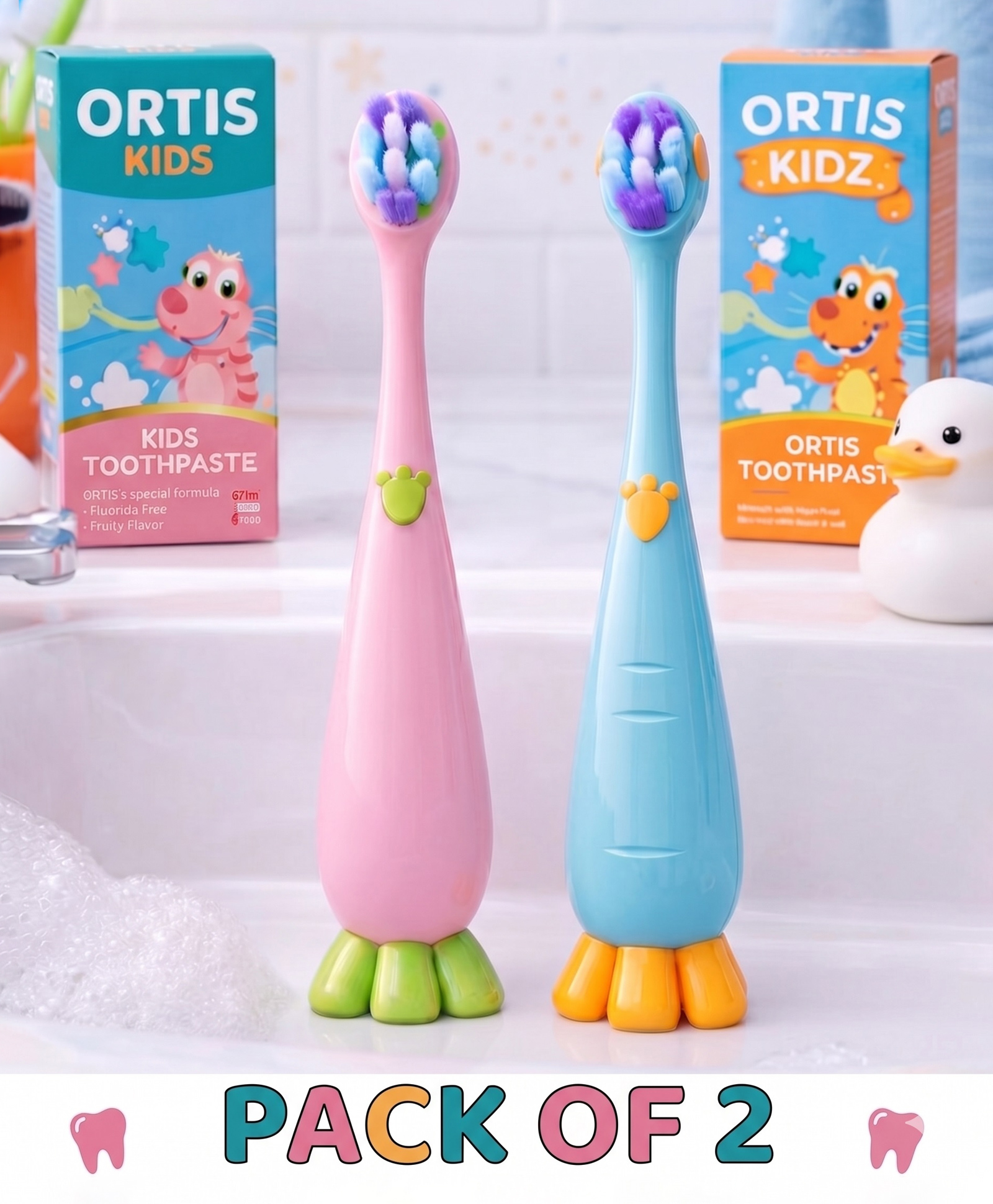 Ortis Kids Toothbrush with Soft Silicone Head - (Pack of 2) Pink & Blue-picture-10