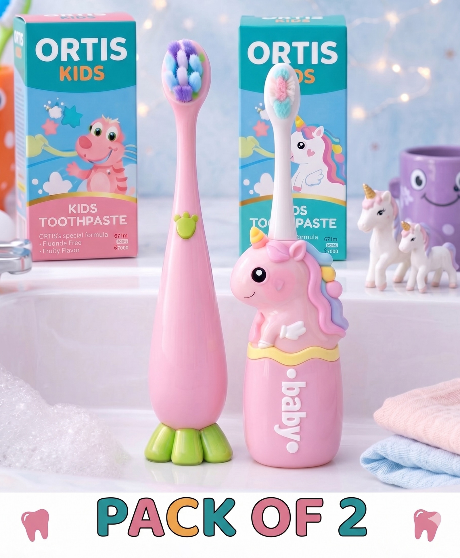 Ortis Kids Toothbrush with Soft Silicone Head - (Pack of 2) Pink-picture-24