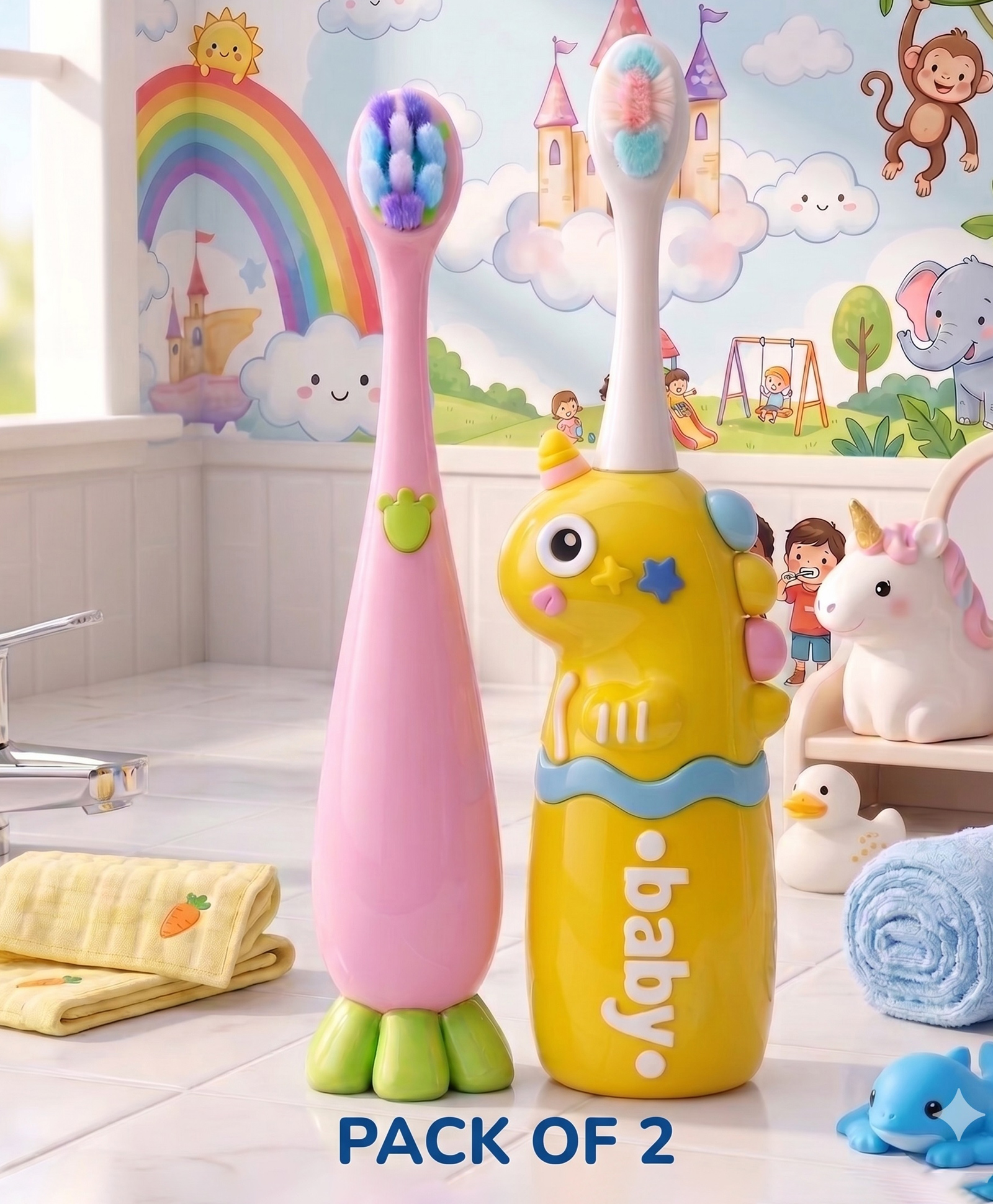 Ortis Kids Toothbrush with Soft Silicone Head - (Pack of 2) Pink & Yellow-picture-37