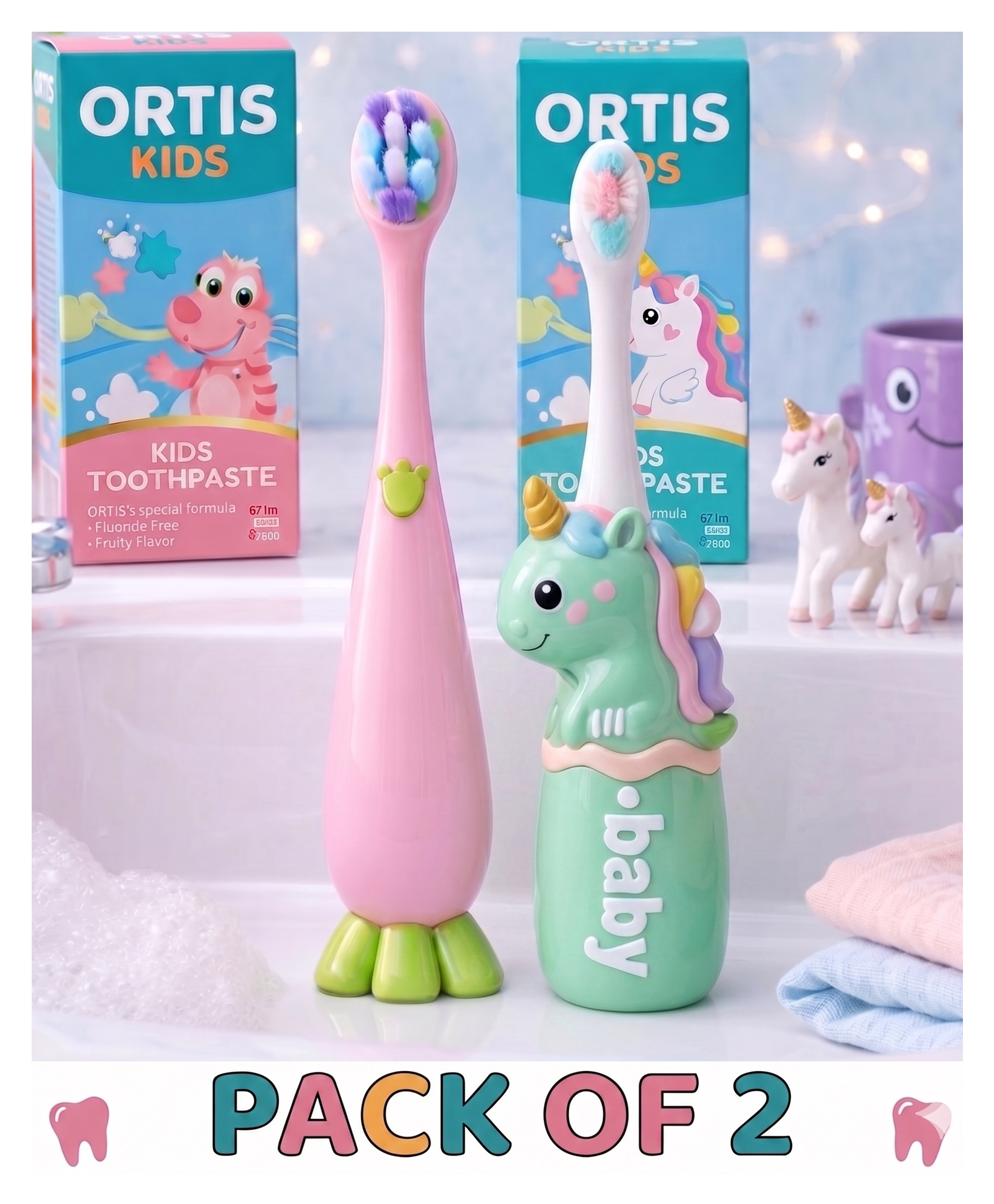 Ortis Kids Toothbrush with Soft Silicone Head - (Pack of 2) Pink & Green-picture-19