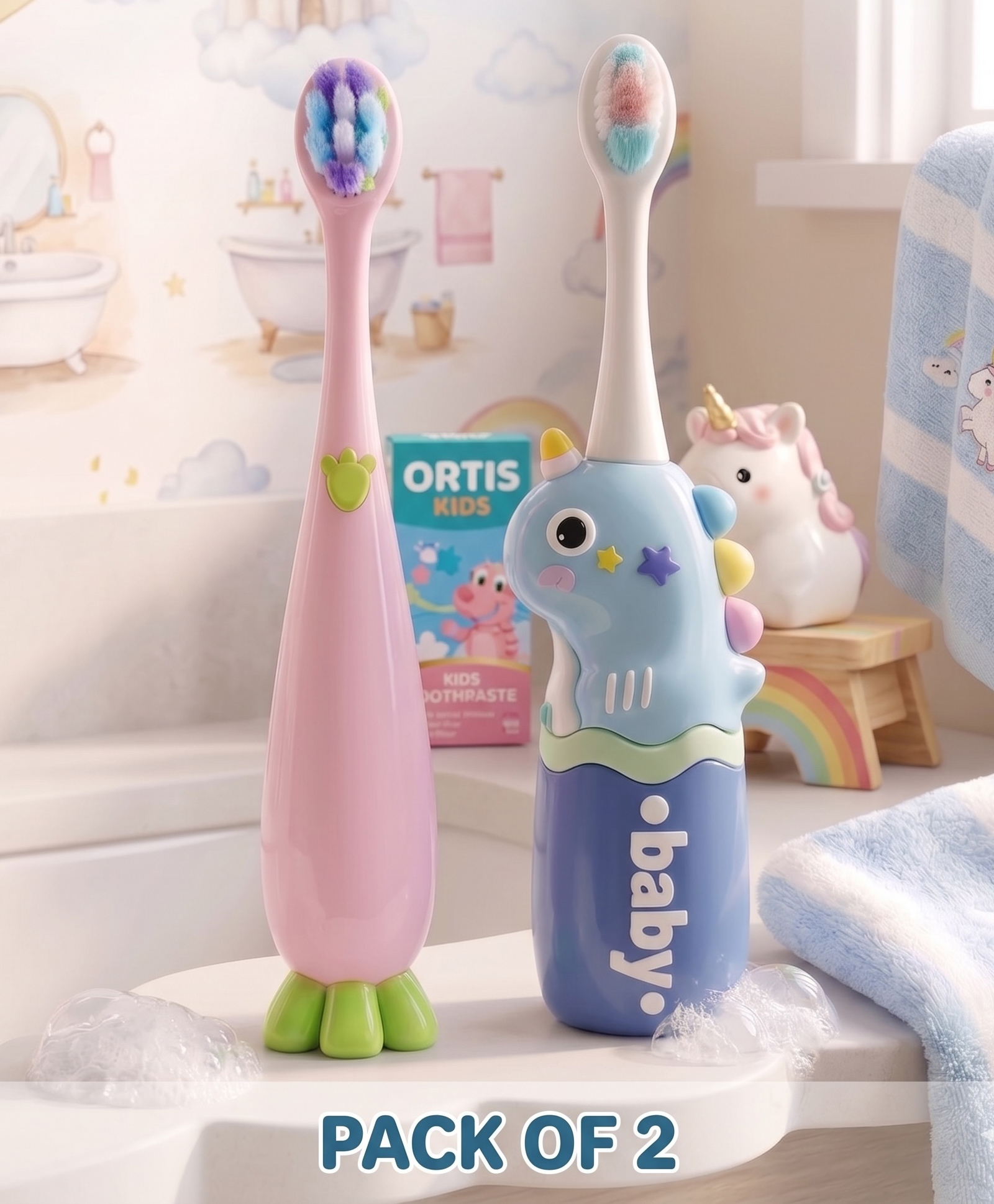 Ortis Kids Toothbrush with Soft Silicone Head - (Pack of 2) Pink & Blue-picture-20