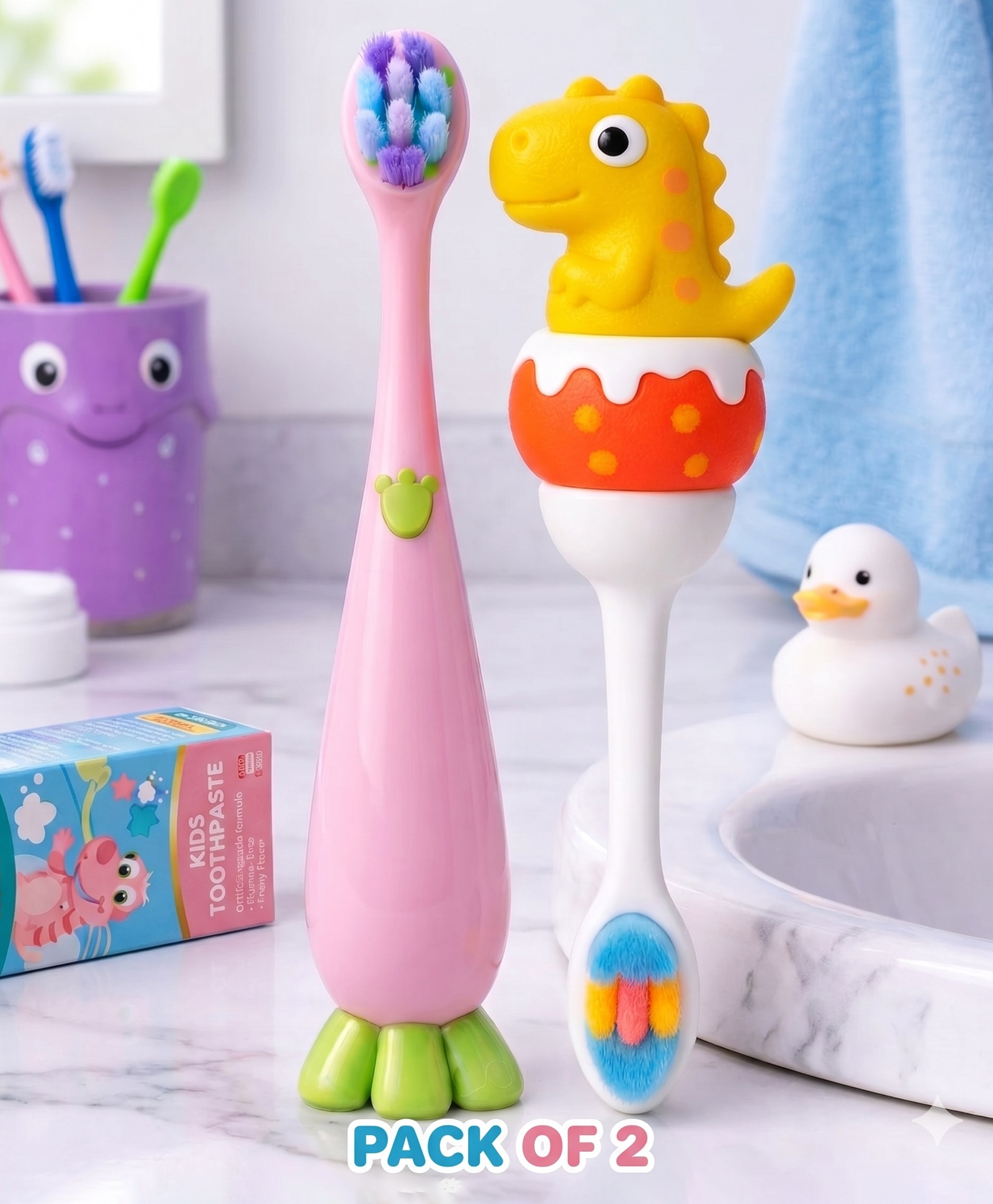 Ortis Kids Toothbrush with Soft Silicone Head - (Pack of 2) Pink & Yellow-picture-34