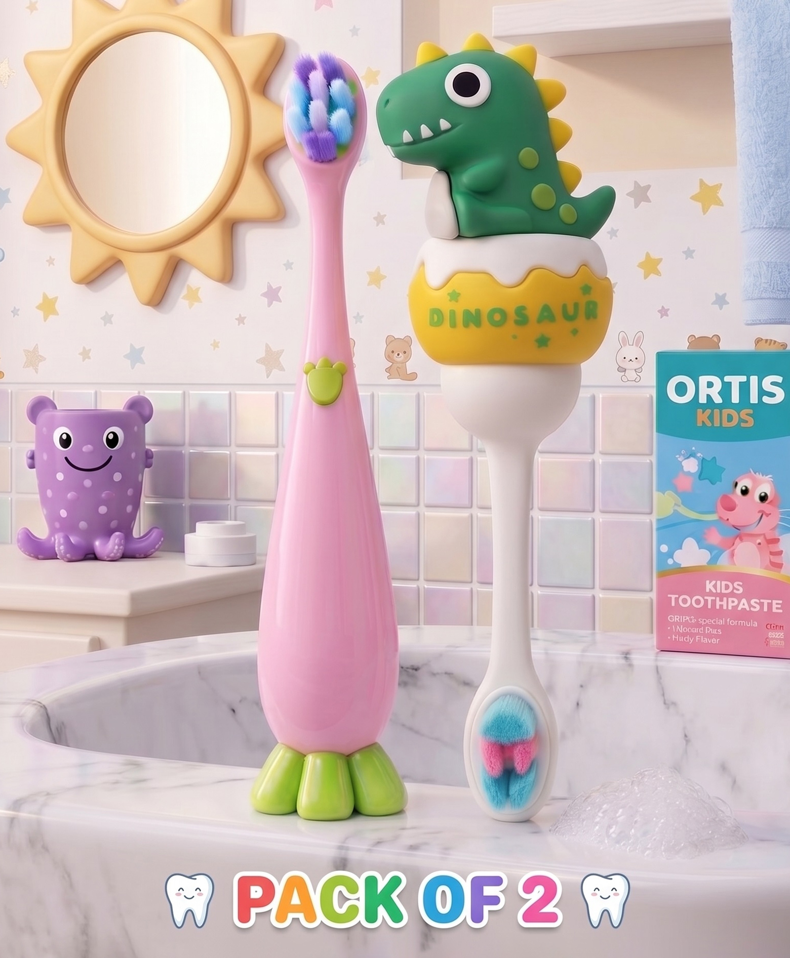Ortis Kids Toothbrush with Soft Silicone Head - (Pack of 2) Pink & Green-picture-26
