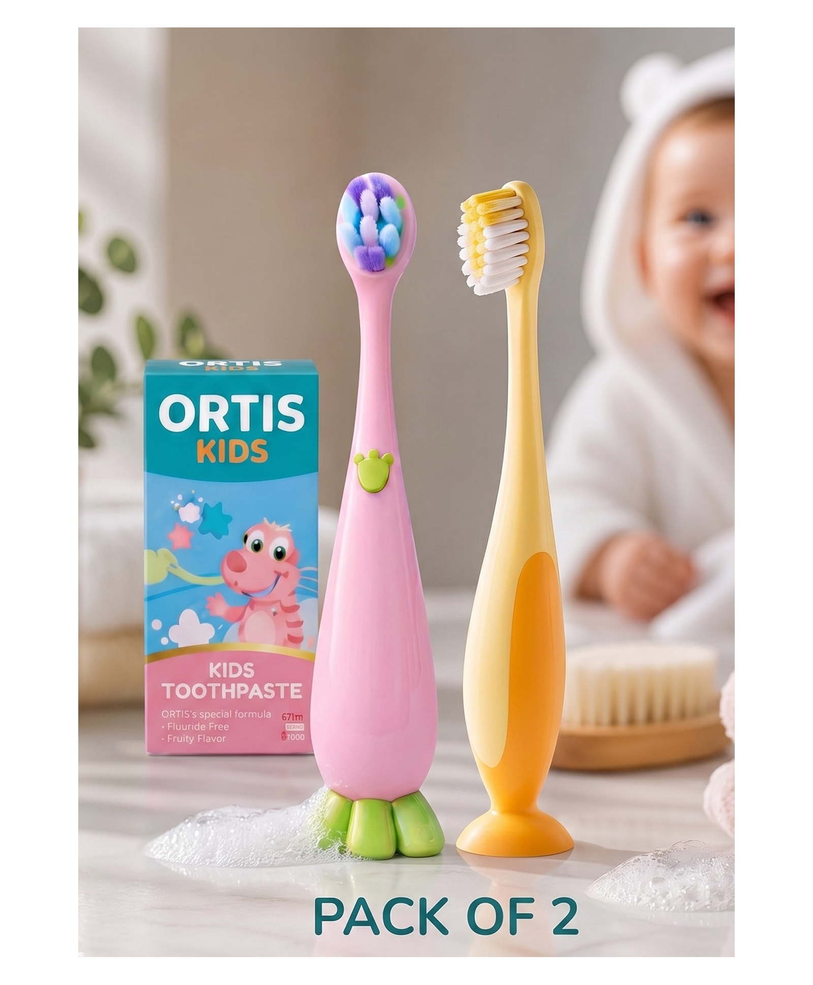 Ortis Kids Toothbrush with Soft Silicone Head - (Pack of 2) Pink & Yellow-picture-36