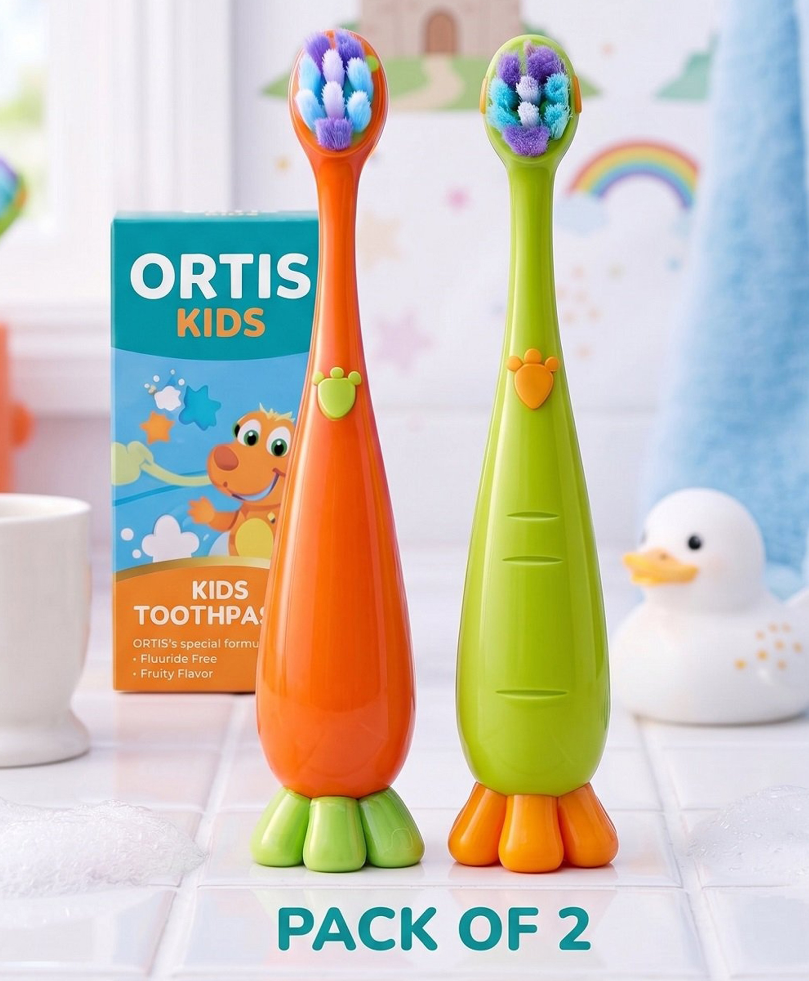 Ortis Kids Toothbrush with Soft Silicone Head - (Pack of 2) Orange & Green-picture-29