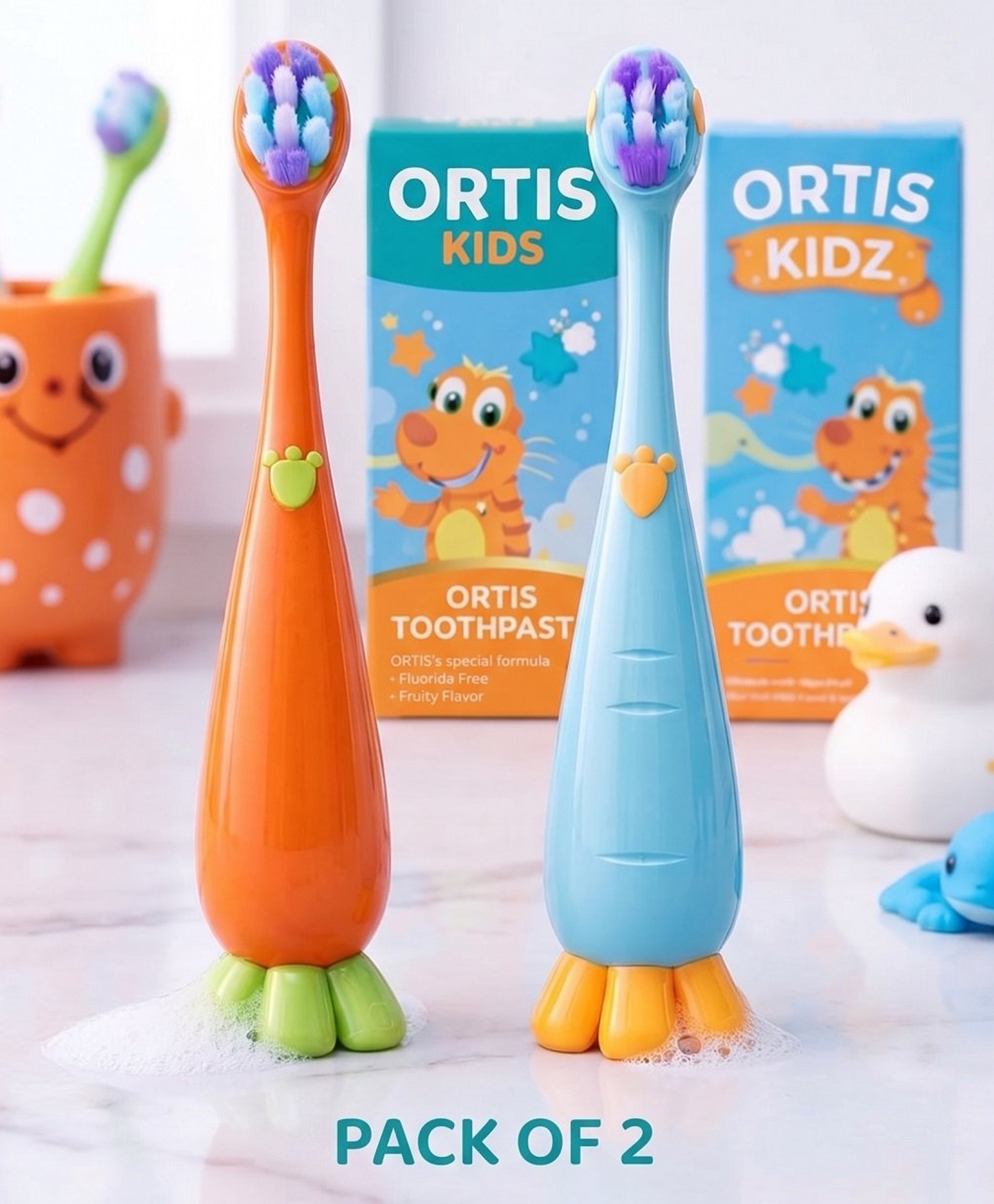 Ortis Kids Toothbrush with Soft Silicone Head - (Pack of 2) Orange & Blue-image-14