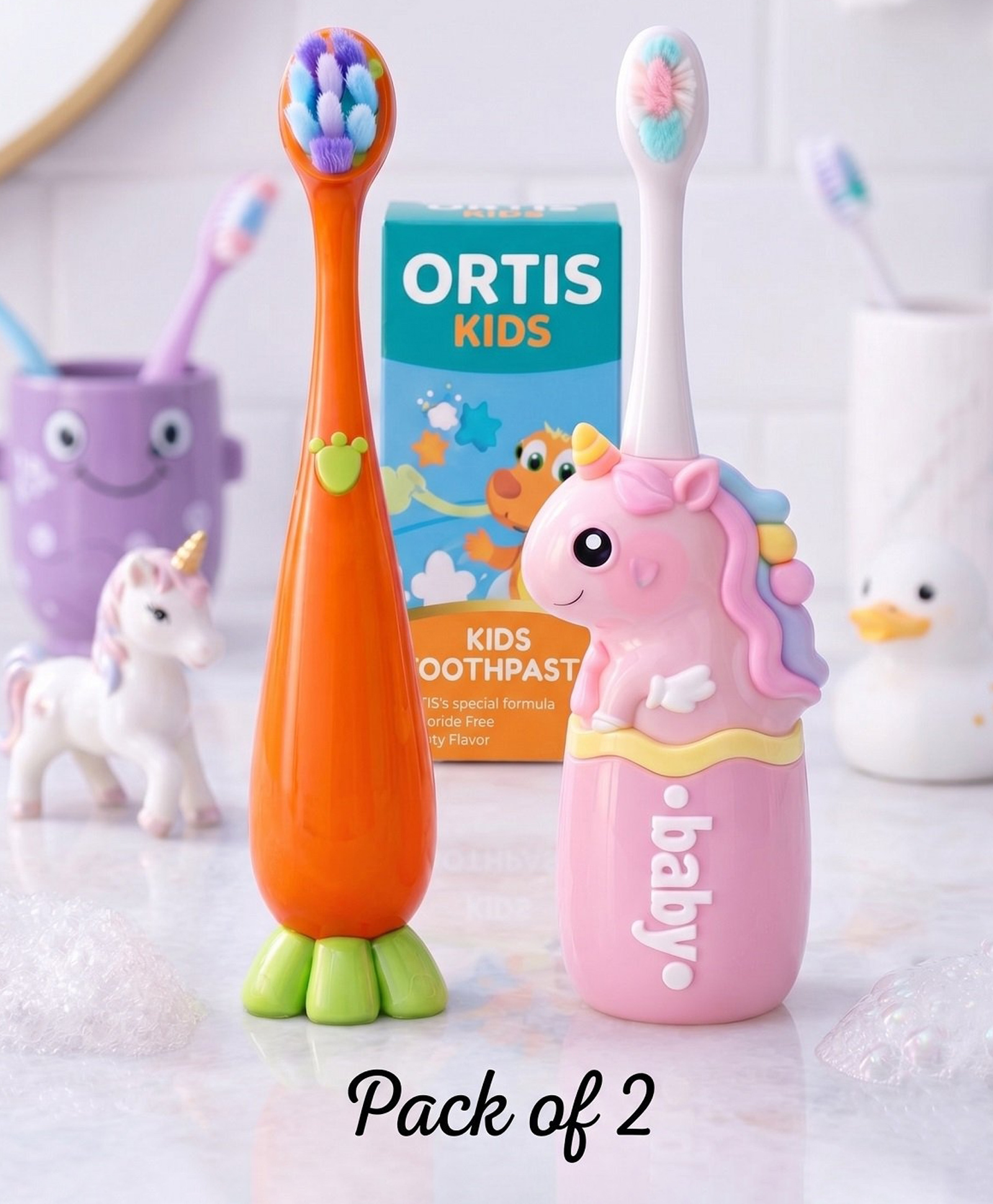 Ortis Kids Toothbrush with Soft Silicone Head - (Pack of 2) Orange & Pink-picture-23