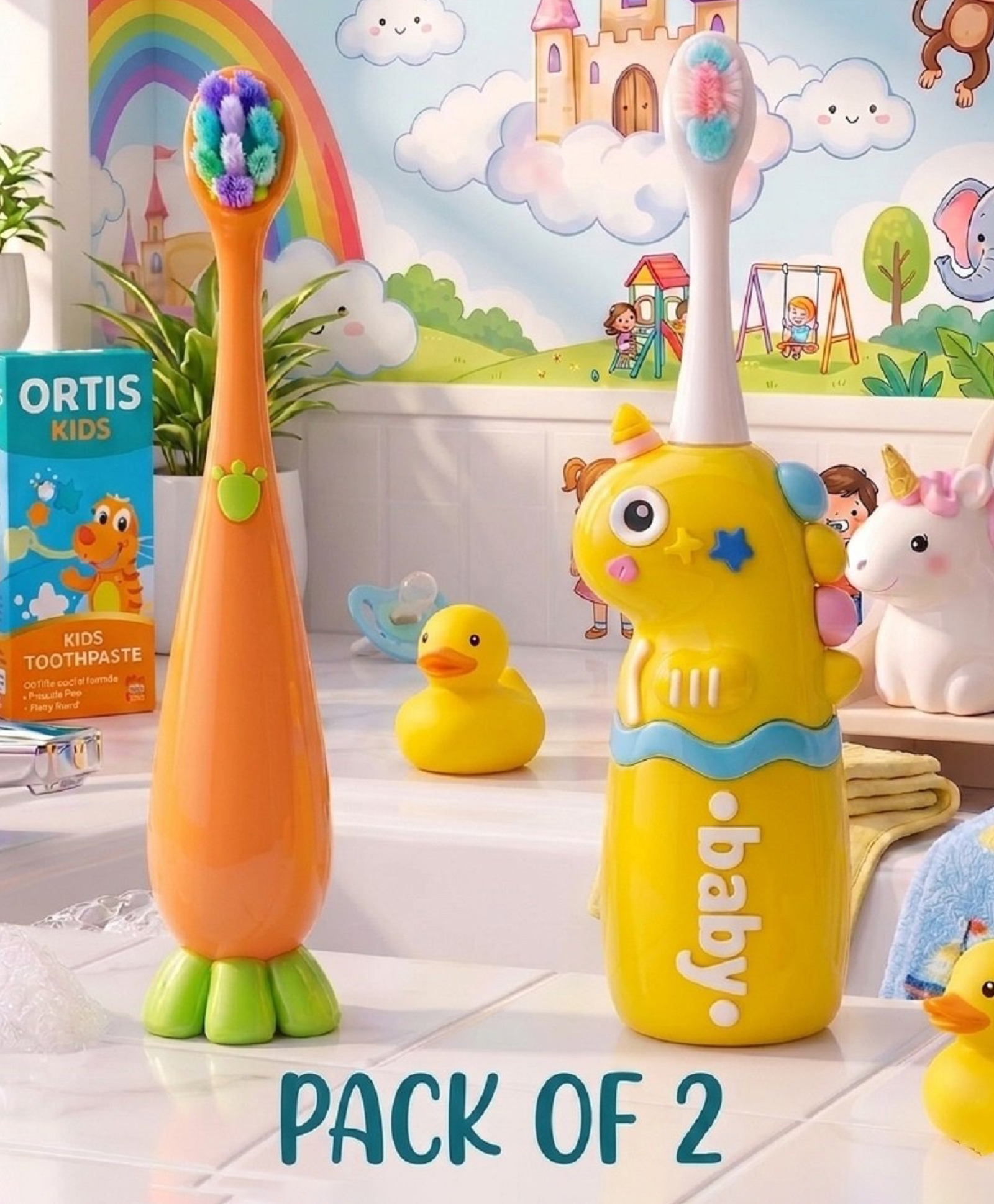 Ortis Kids Toothbrush with Soft Silicone Head - (Pack of 2) Orange & Yellow-picture-18