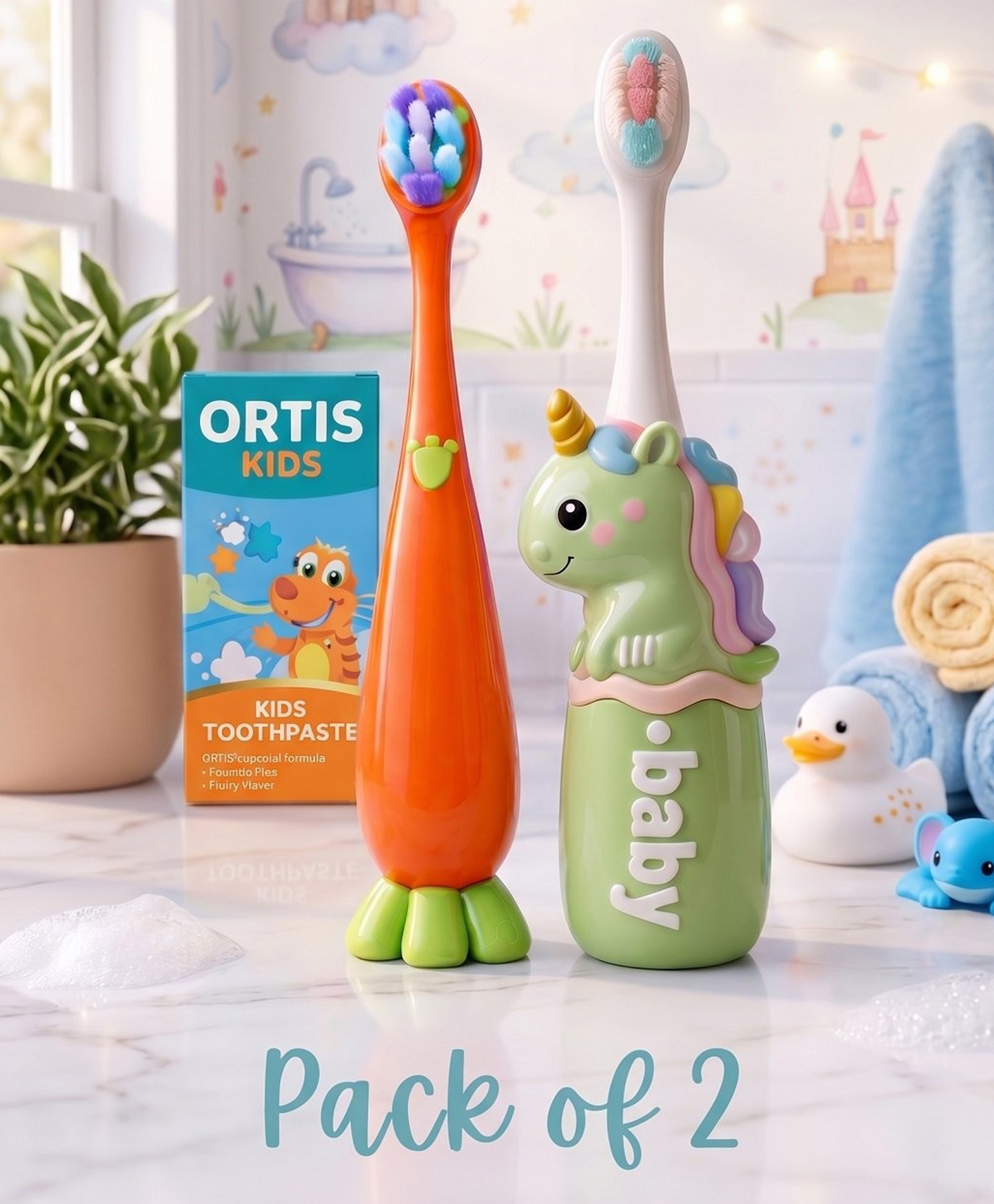 Ortis Kids Toothbrush with Soft Silicone Head - (Pack of 2) Orange & Green-picture-22