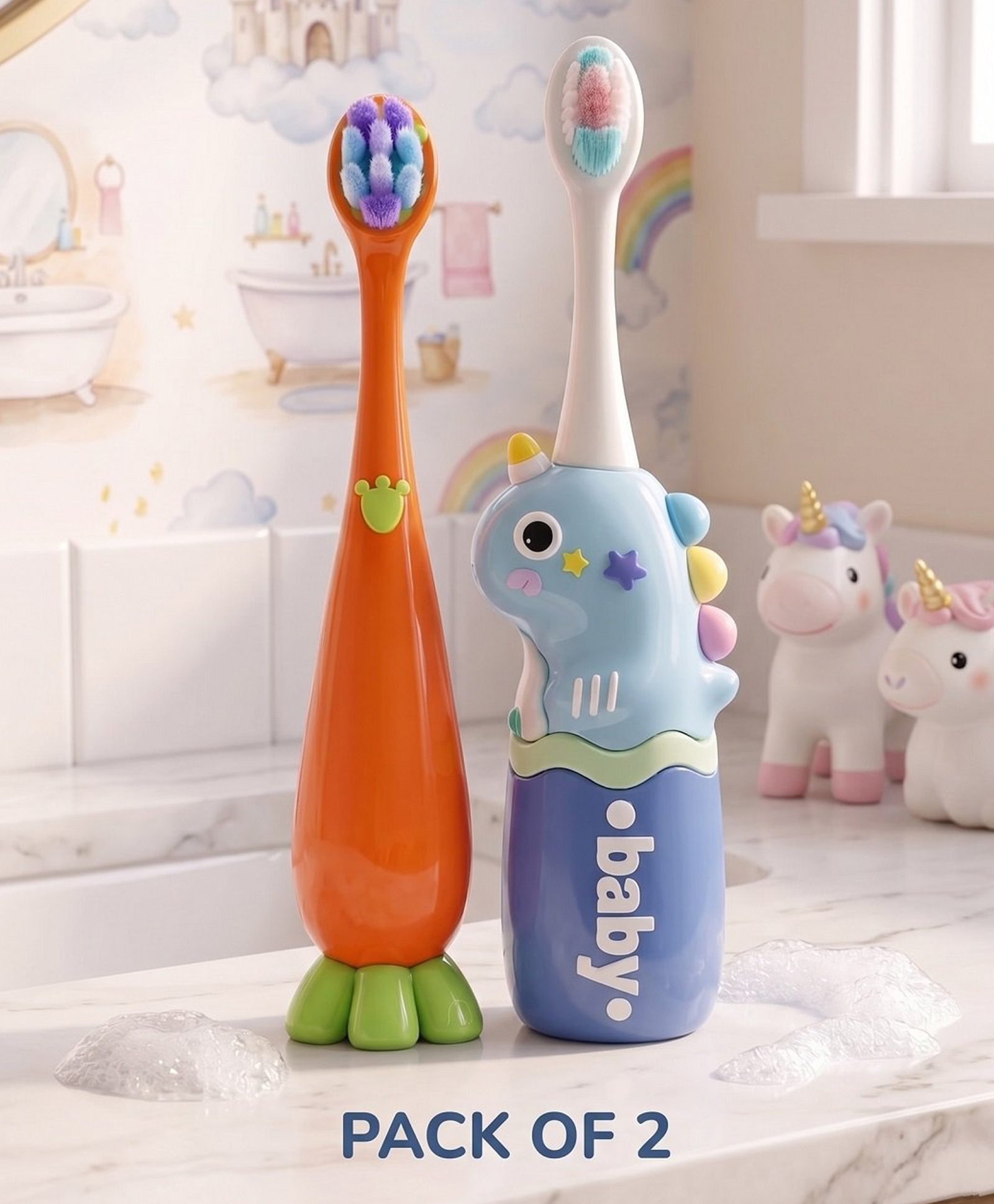 Ortis Kids Toothbrush with Soft Silicone Head - (Pack of 2) Orange & Blue-picture-24