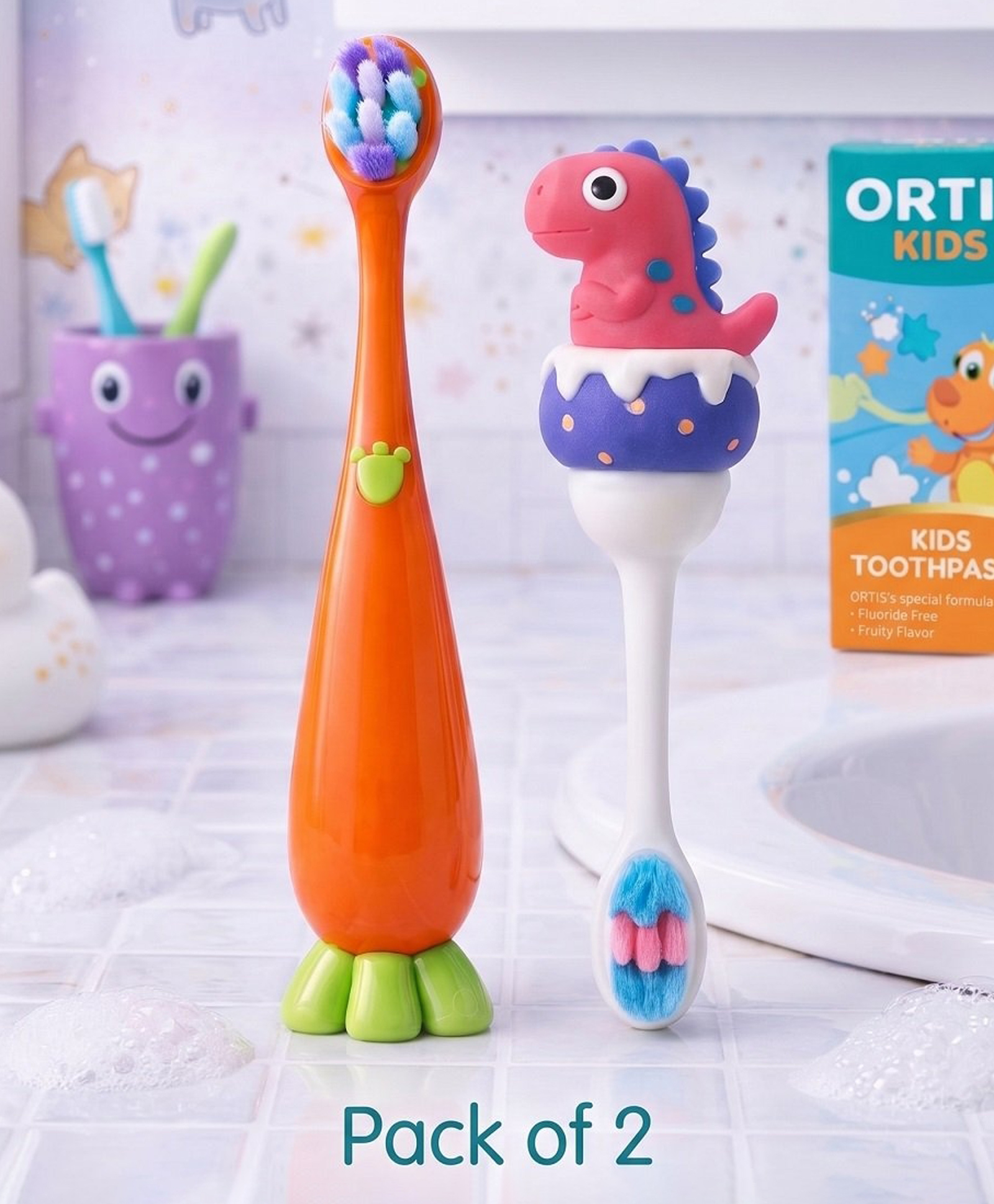 Ortis Kids Toothbrush with Soft Silicone Head - (Pack of 2) Orange & Pink-picture-21
