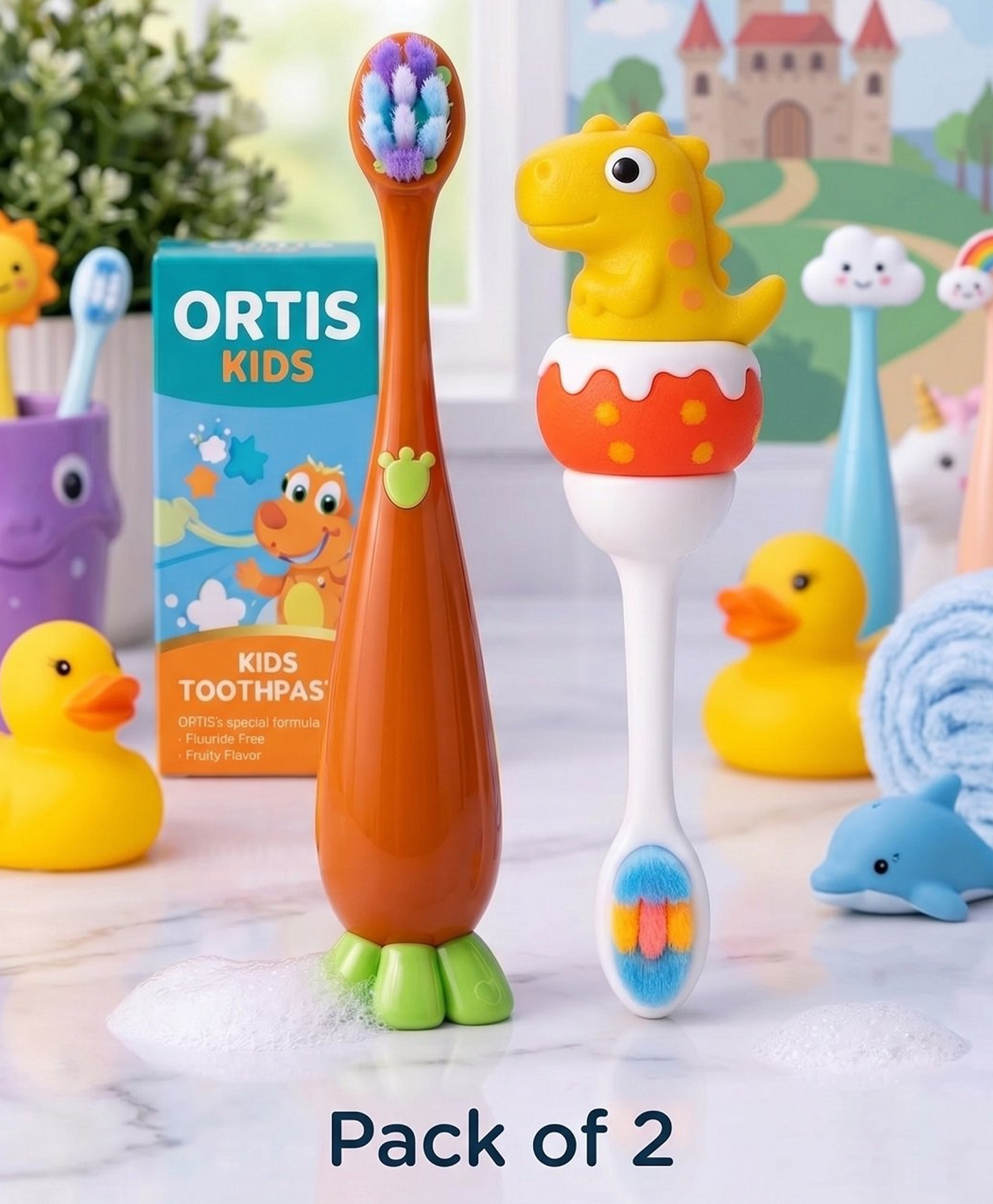 Ortis Kids Toothbrush with Soft Silicone Head - (Pack of 2) Orange & Yellow-picture-28