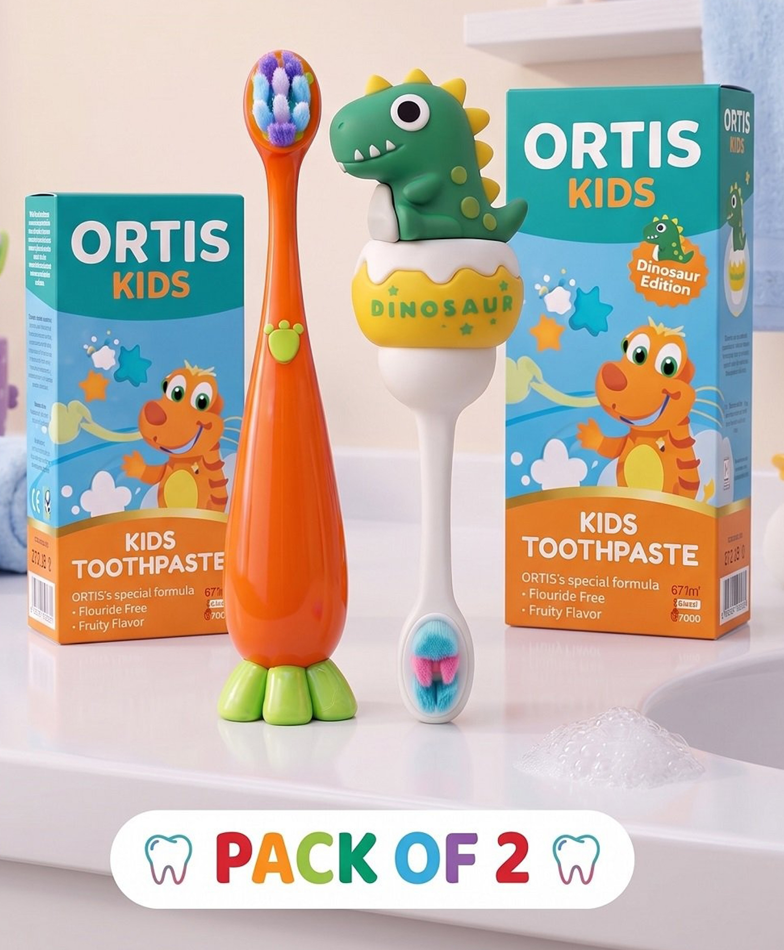 Ortis Kids Toothbrush with Soft Silicone Head - (Pack of 2) Orange & Green-picture-35