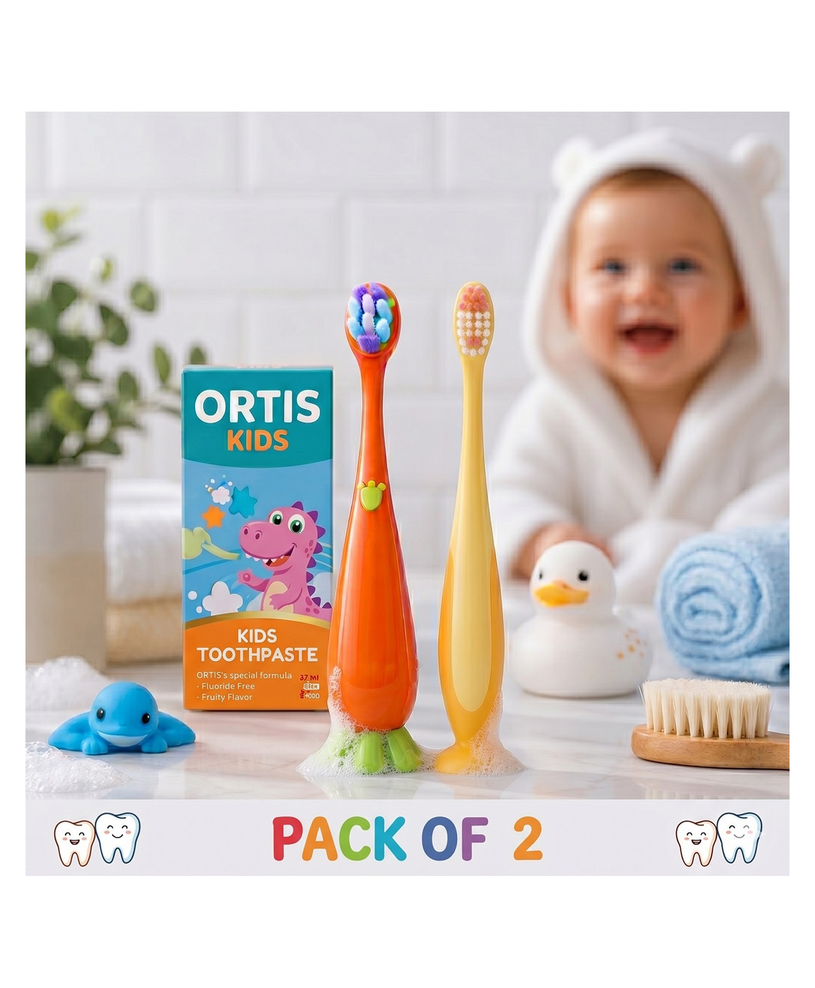 Ortis Kids Toothbrush with Soft Silicone Head - (Pack of 2) Orange & Yellow-picture-32