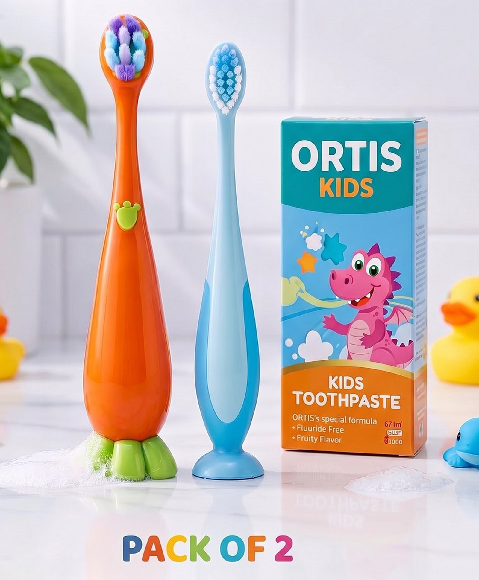 Ortis Kids Toothbrush with Soft Silicone Head - (Pack of 2) Orange & Blue-picture-37