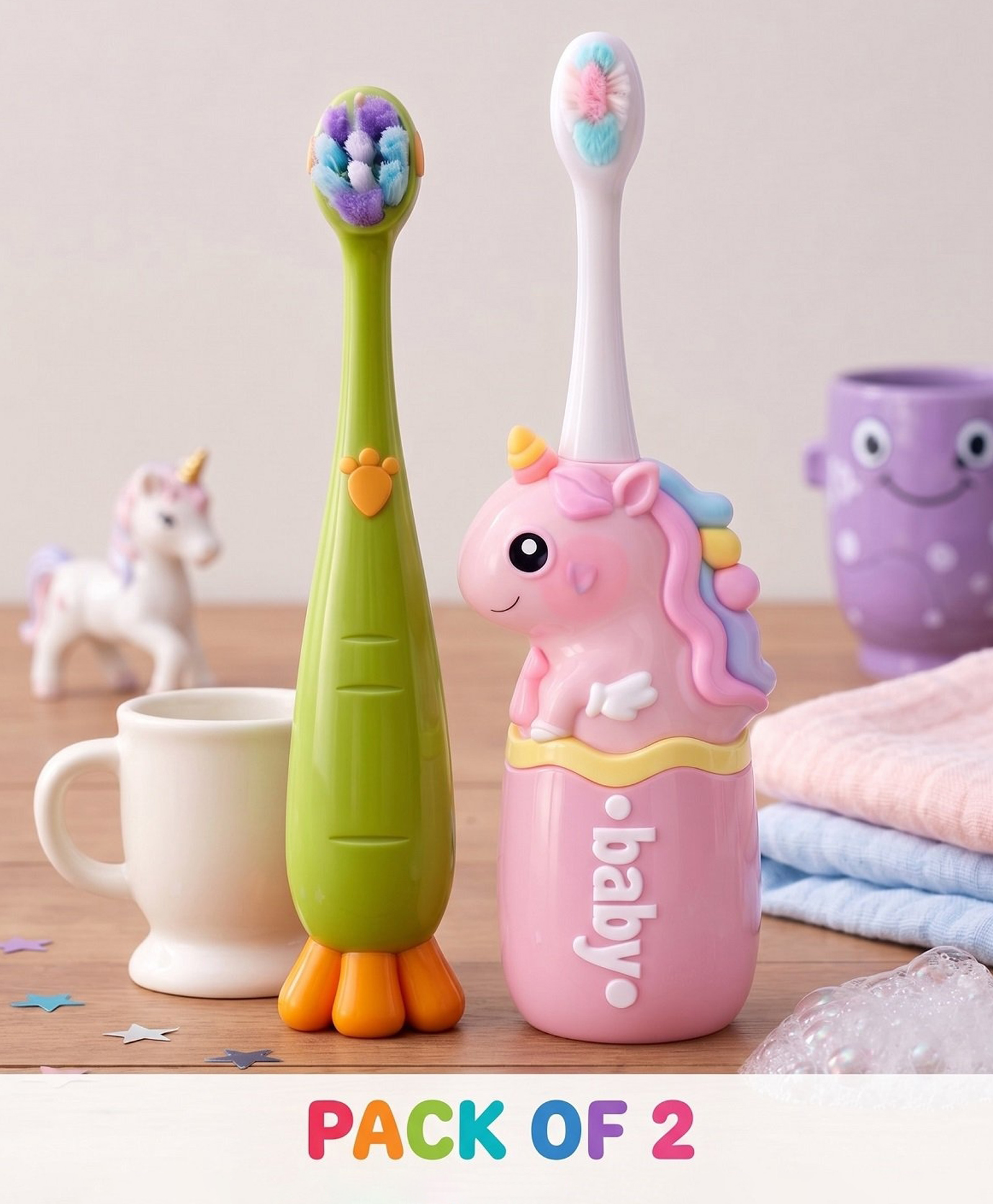 Ortis Kids Toothbrush with Soft Silicone Head - (Pack of 2) Green & Pink-picture-29