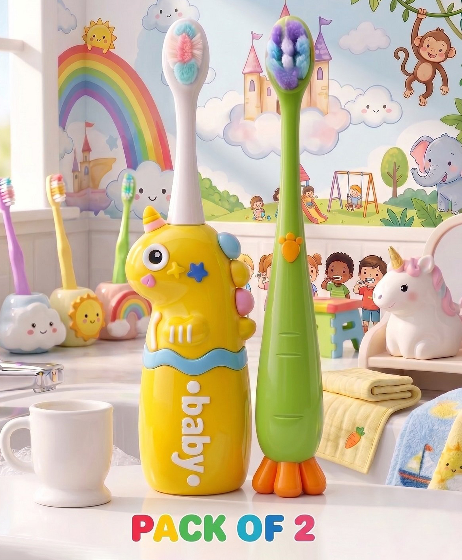 Ortis Kids Toothbrush with Soft Silicone Head - (Pack of 2) Green & Yellow-picture-44