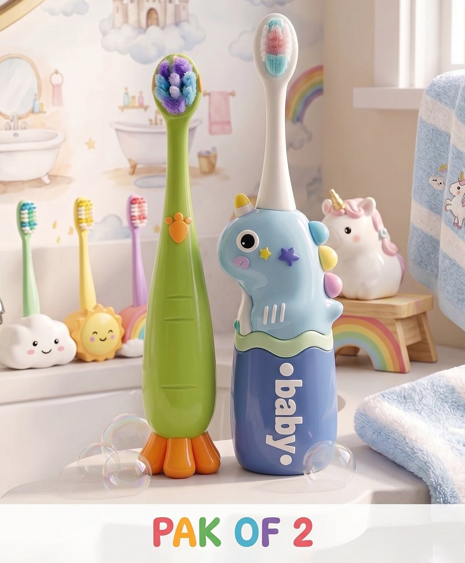 Ortis Kids Toothbrush with Soft Silicone Head - (Pack of 2) Green & Blue-picture-45