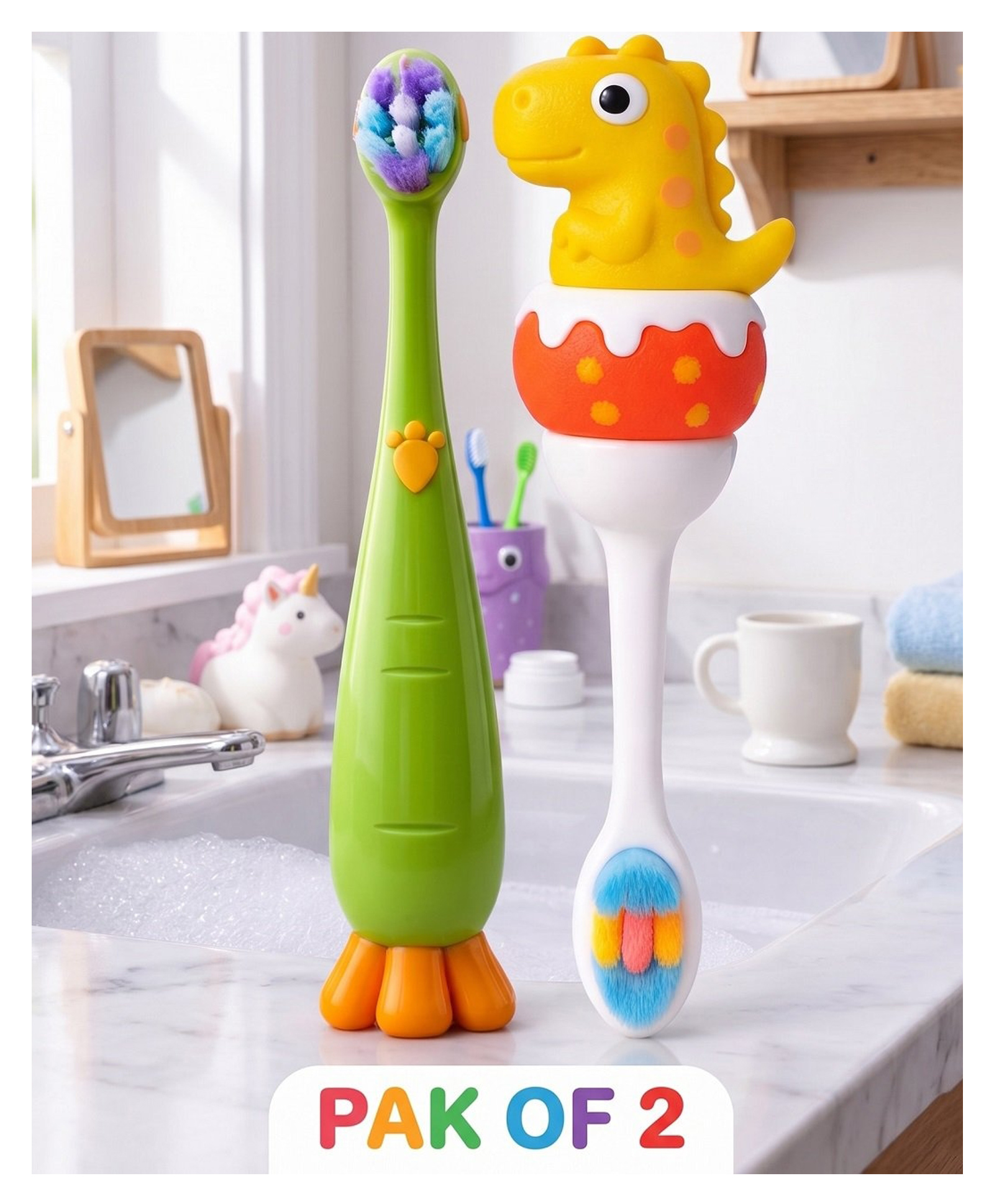 Ortis Kids Toothbrush with Soft Silicone Head - (Pack of 2) Green & Yellow-picture-12