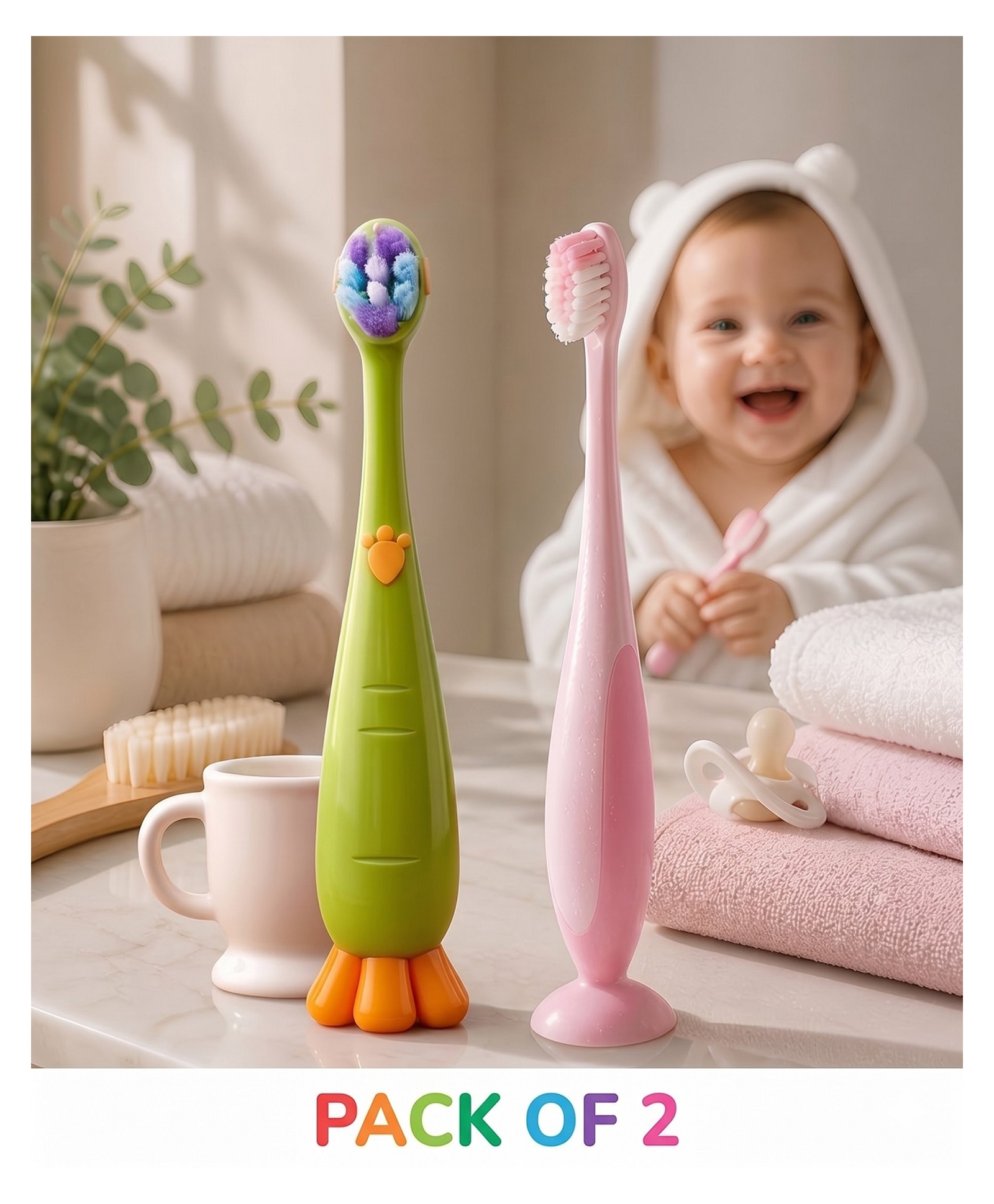 Ortis Kids Toothbrush with Soft Silicone Head - (Pack of 2) Green & Pink-image-12