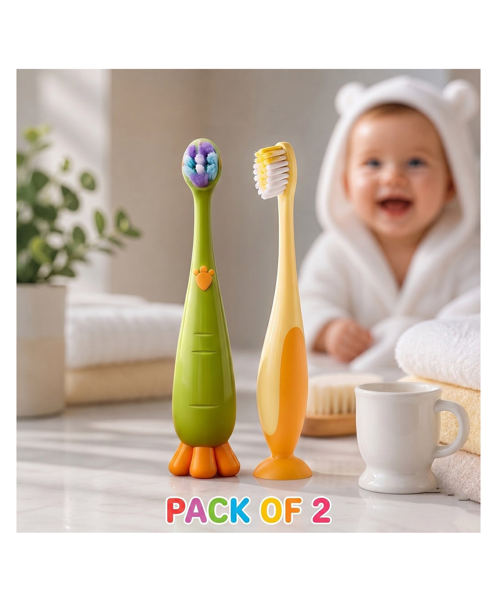 Ortis Kids Toothbrush with Soft Silicone Head - (Pack of 2) Green & yellow-picture-2