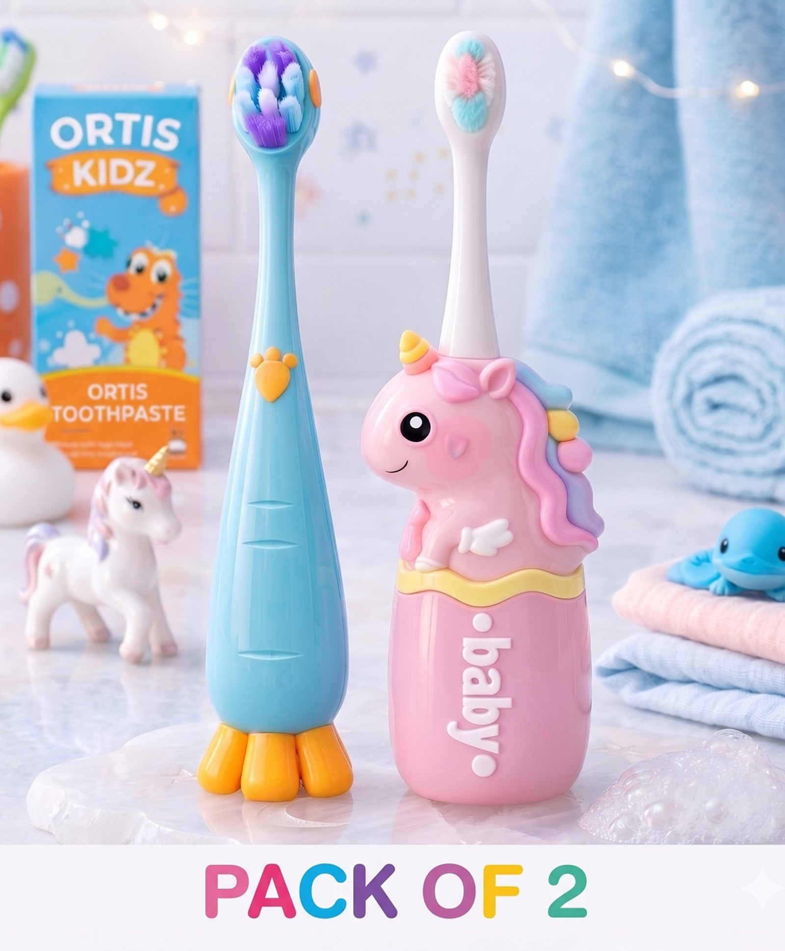 Ortis Kids Toothbrush with Soft Silicone Head - (Pack of 2) Blue & Pink-picture-27