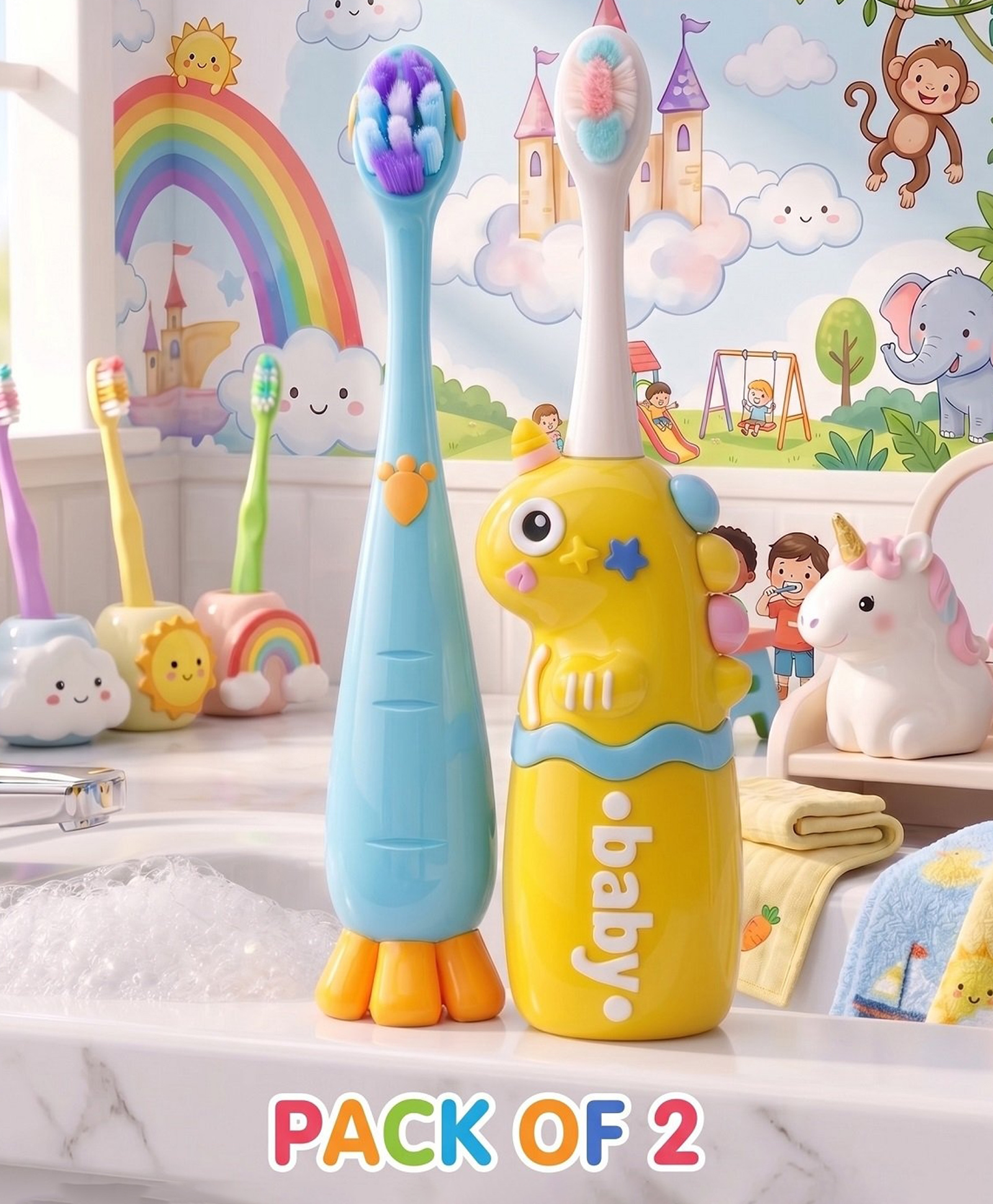 Ortis Kids Toothbrush with Soft Silicone Head - (Pack of 2) Blue & Yellow-picture-32