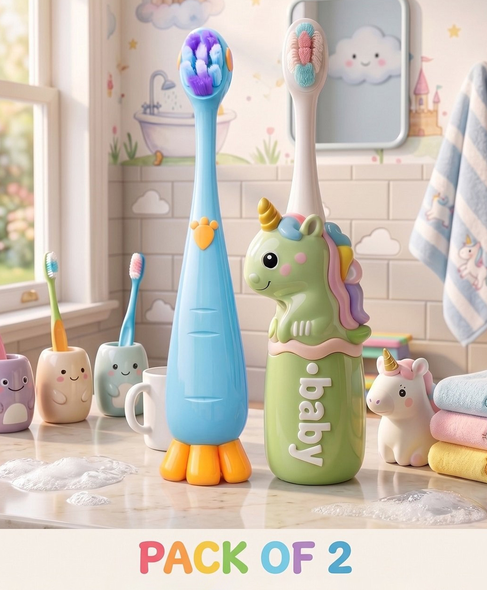 Ortis Kids Toothbrush with Soft Silicone Head - (Pack of 2) Blue & Green-image-13