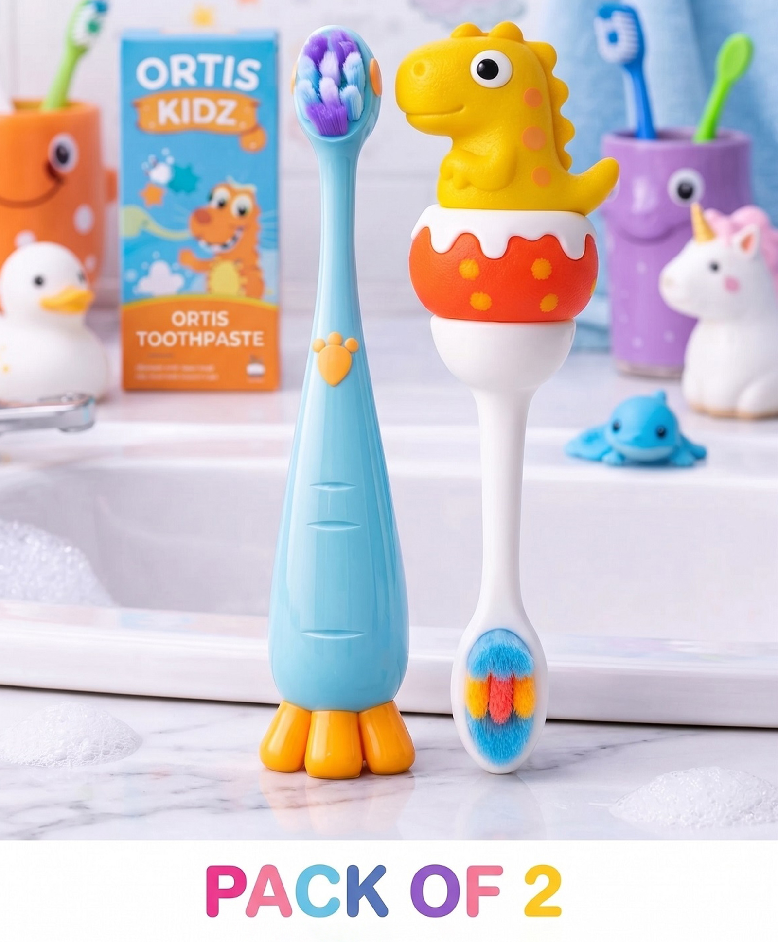 Ortis Kids Toothbrush with Soft Silicone Head - (Pack of 2) Blue & Yellow-picture-40