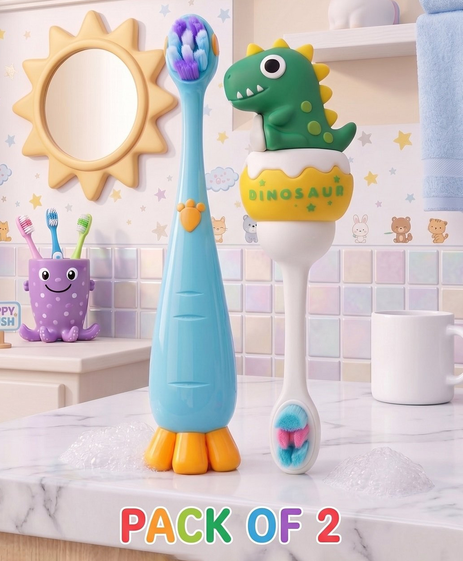 Ortis Kids Toothbrush with Soft Silicone Head - (Pack of 2) Blue & Green-picture-42