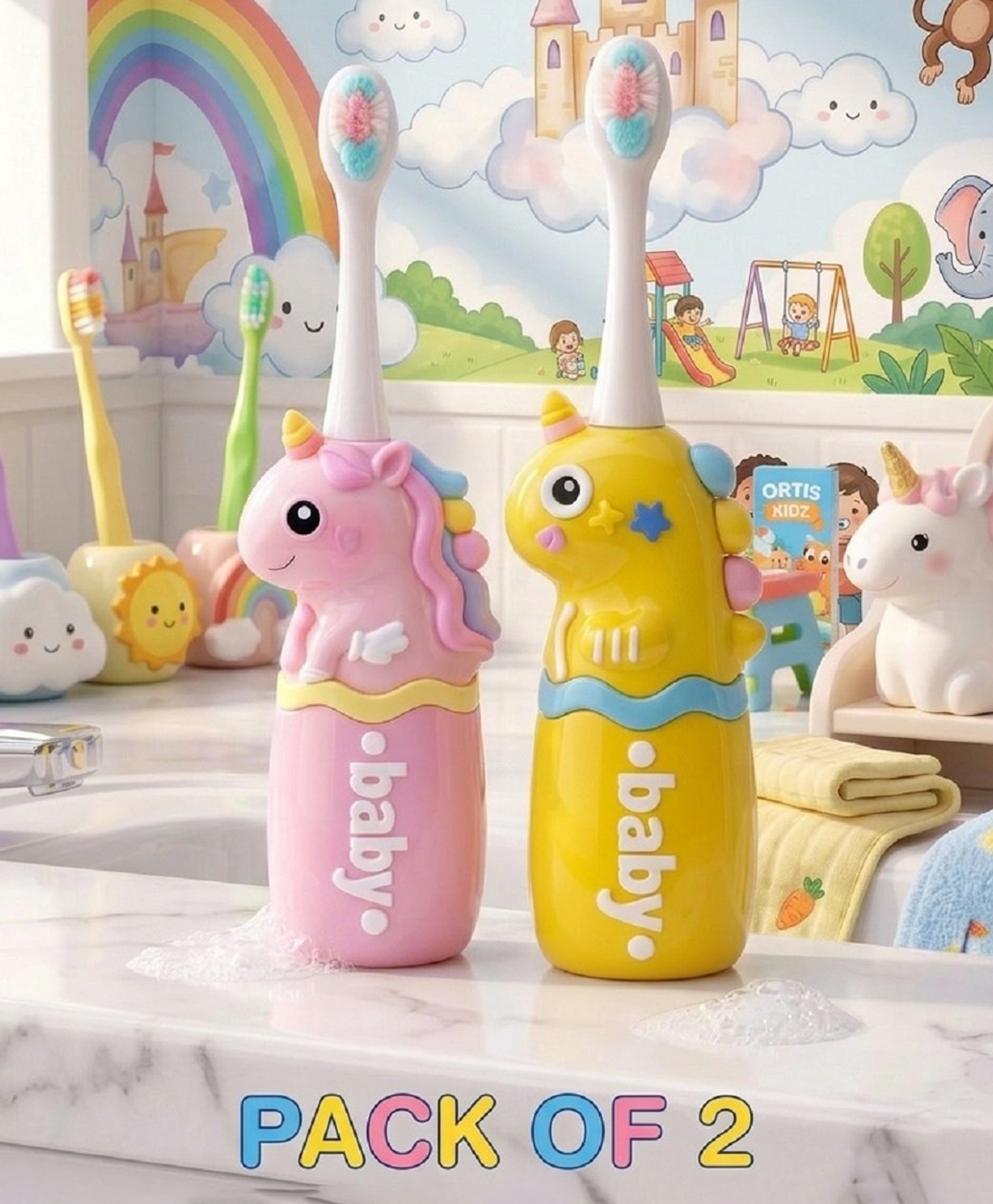 Ortis Kids Toothbrush with Soft Silicone Head - (Pack of 2) Pink & Yellow-picture-17