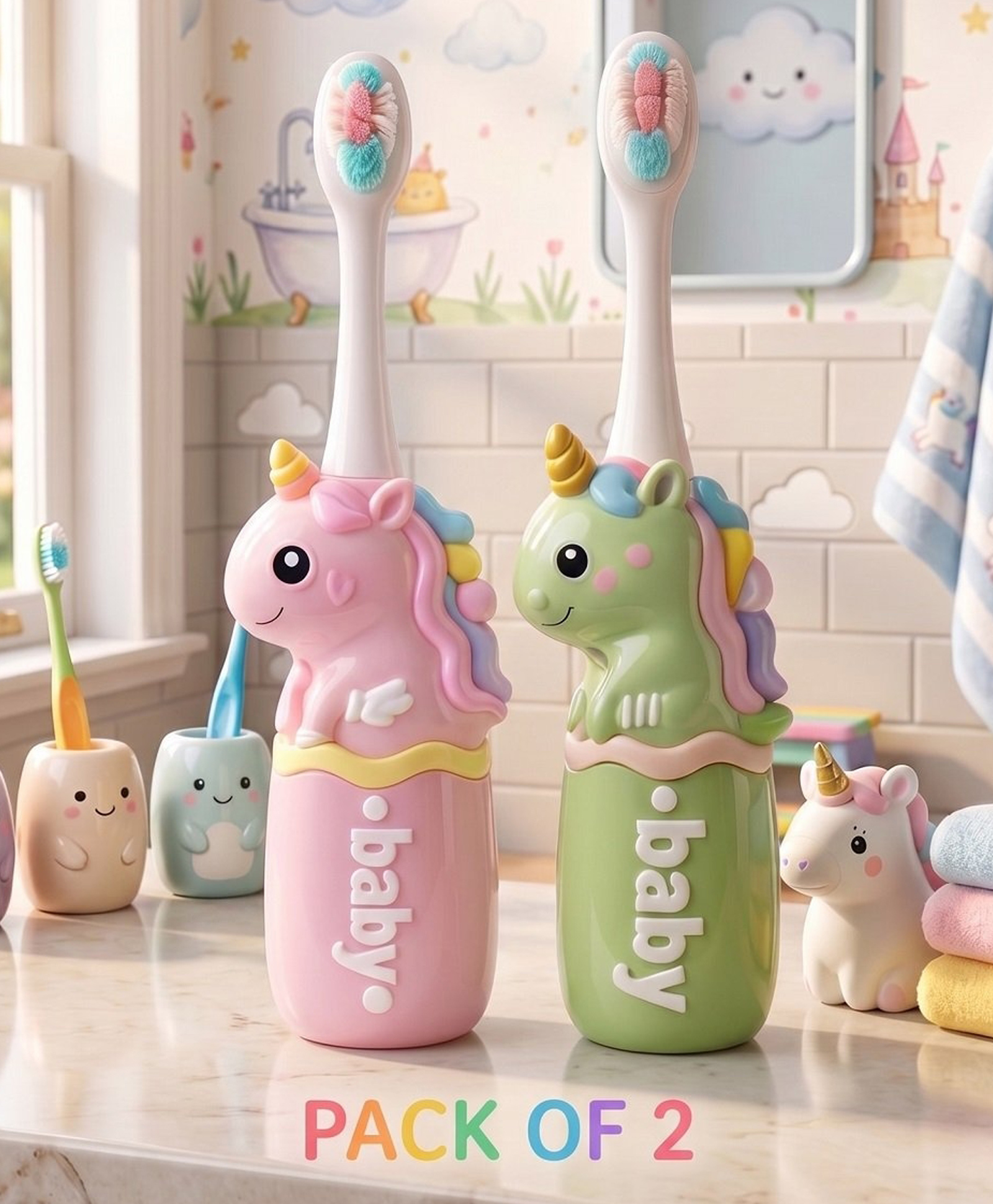 Ortis Kids Toothbrush with Soft Silicone Head - (Pack of 2) Pink & green-picture-18