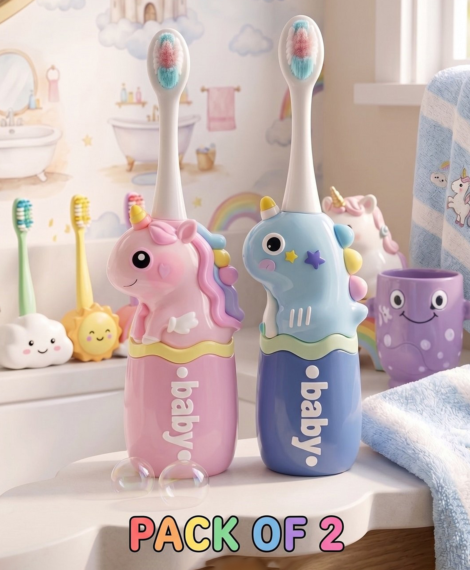Ortis Kids Toothbrush with Soft Silicone Head - (Pack of 2) Pink & Blue-picture-19