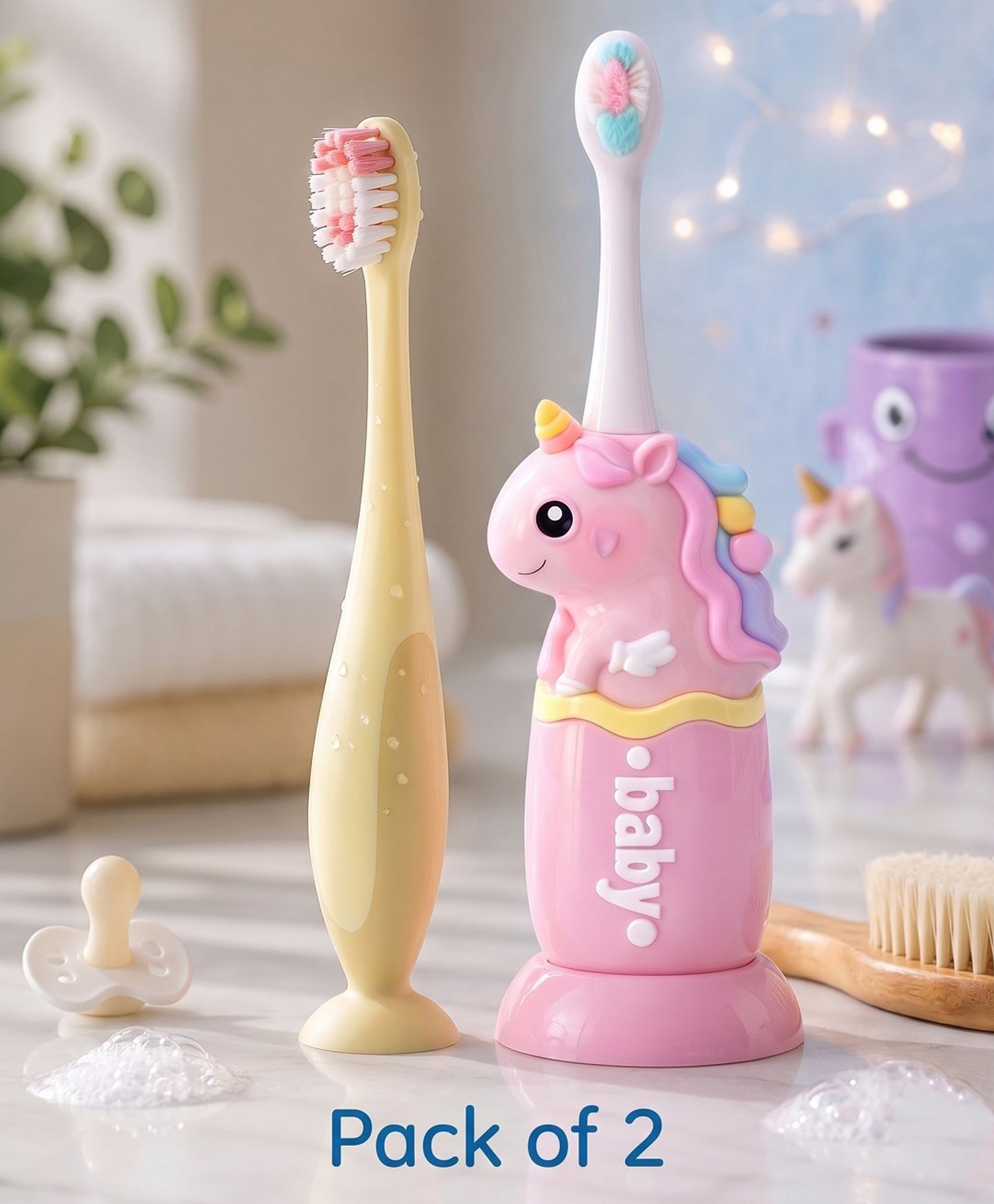 Ortis Kids Toothbrush with Soft Silicone Head - (Pack of 2) Pink & Yellow-picture-21