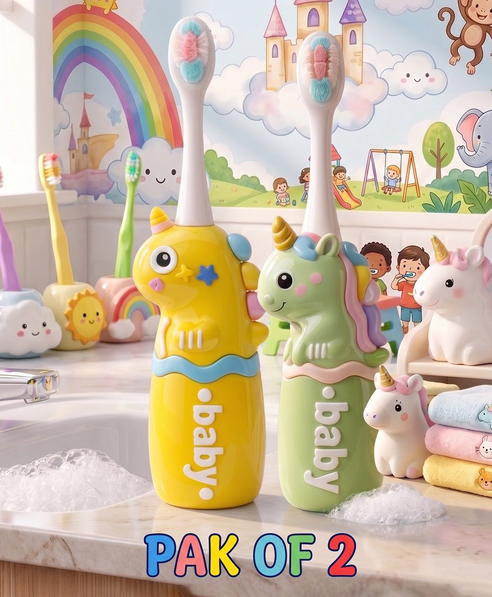 Ortis Kids Toothbrush with Soft Silicone Head - (Pack of 2) Yellow & Green-picture-19
