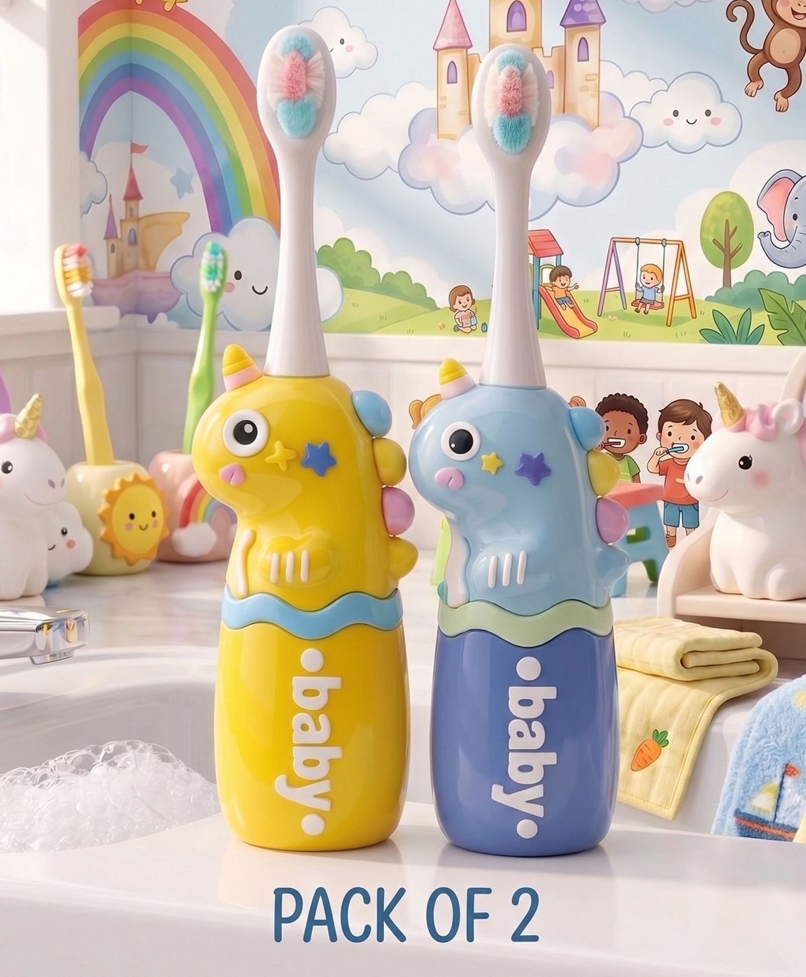 Ortis Kids Toothbrush with Soft Silicone Head - (Pack of 2) Yellow & Blue-picture-8