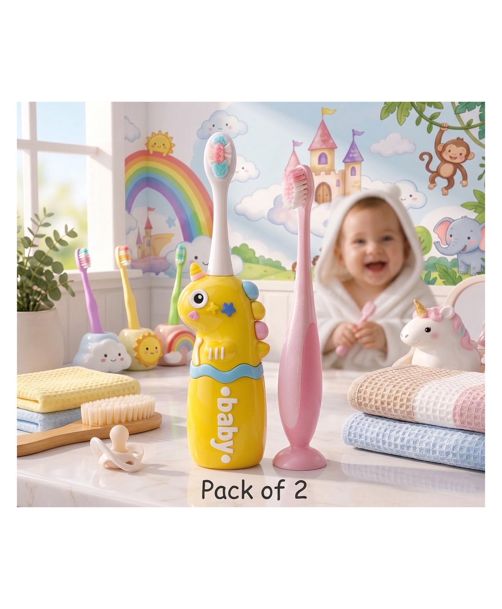 Ortis Kids Toothbrush with Soft Silicone Head - (Pack of 2) Yellow & Pink-picture-9