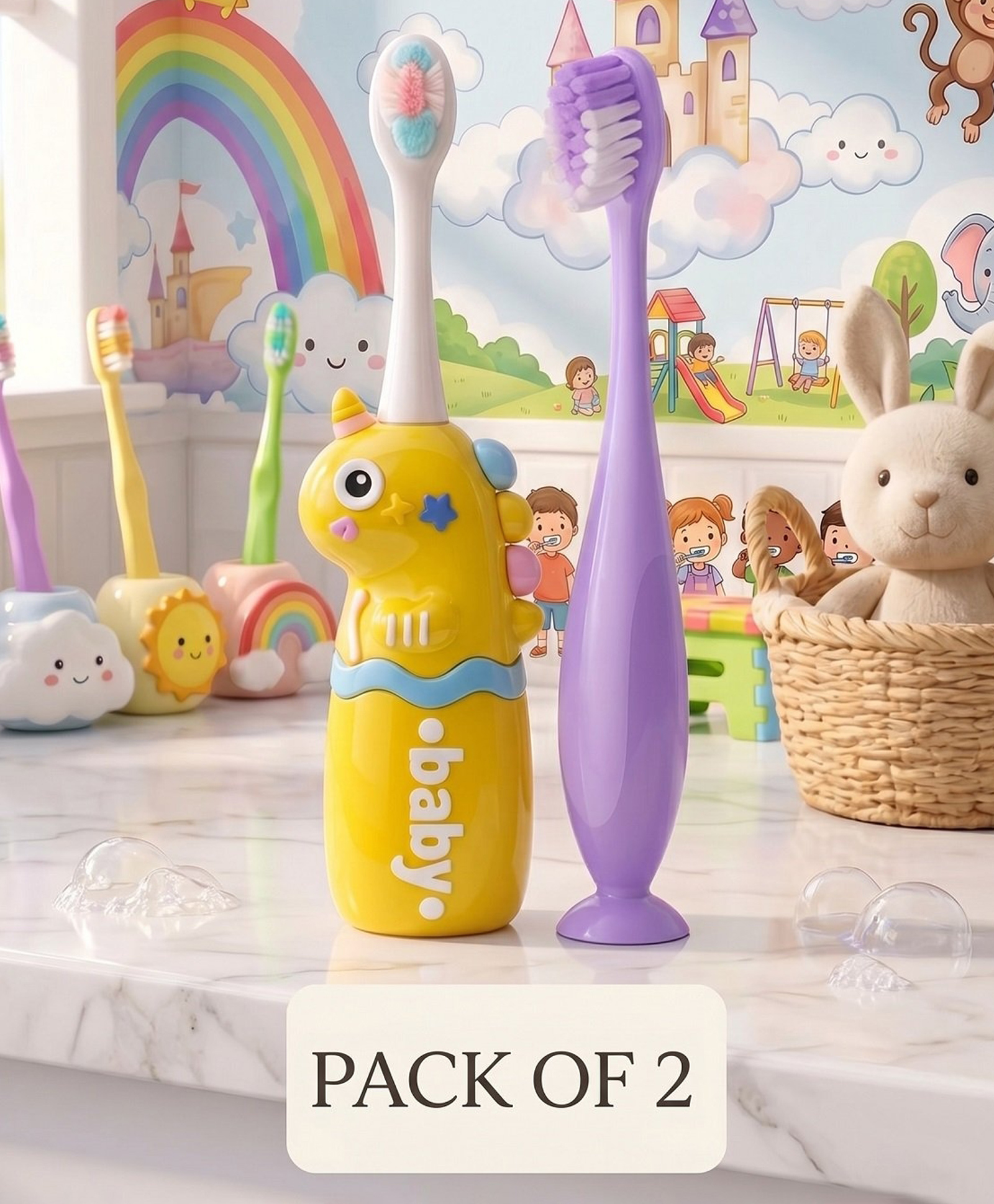 Ortis Kids Toothbrush with Soft Silicone Head - (Pack of 2) Yellow & Purple-picture-15