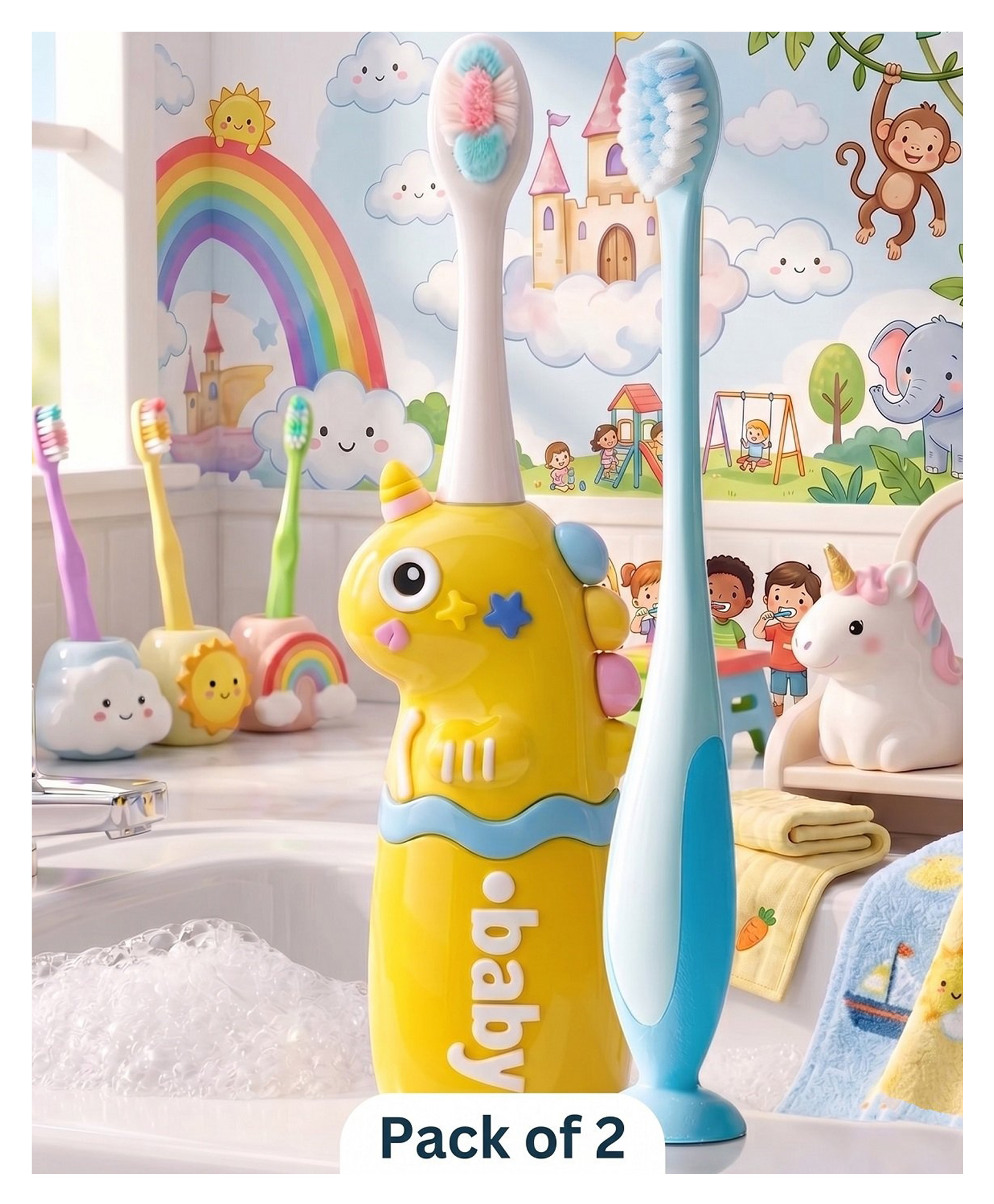 Ortis Kids Toothbrush with Soft Silicone Head - (Pack of 2) Yellow & Blue-picture-12