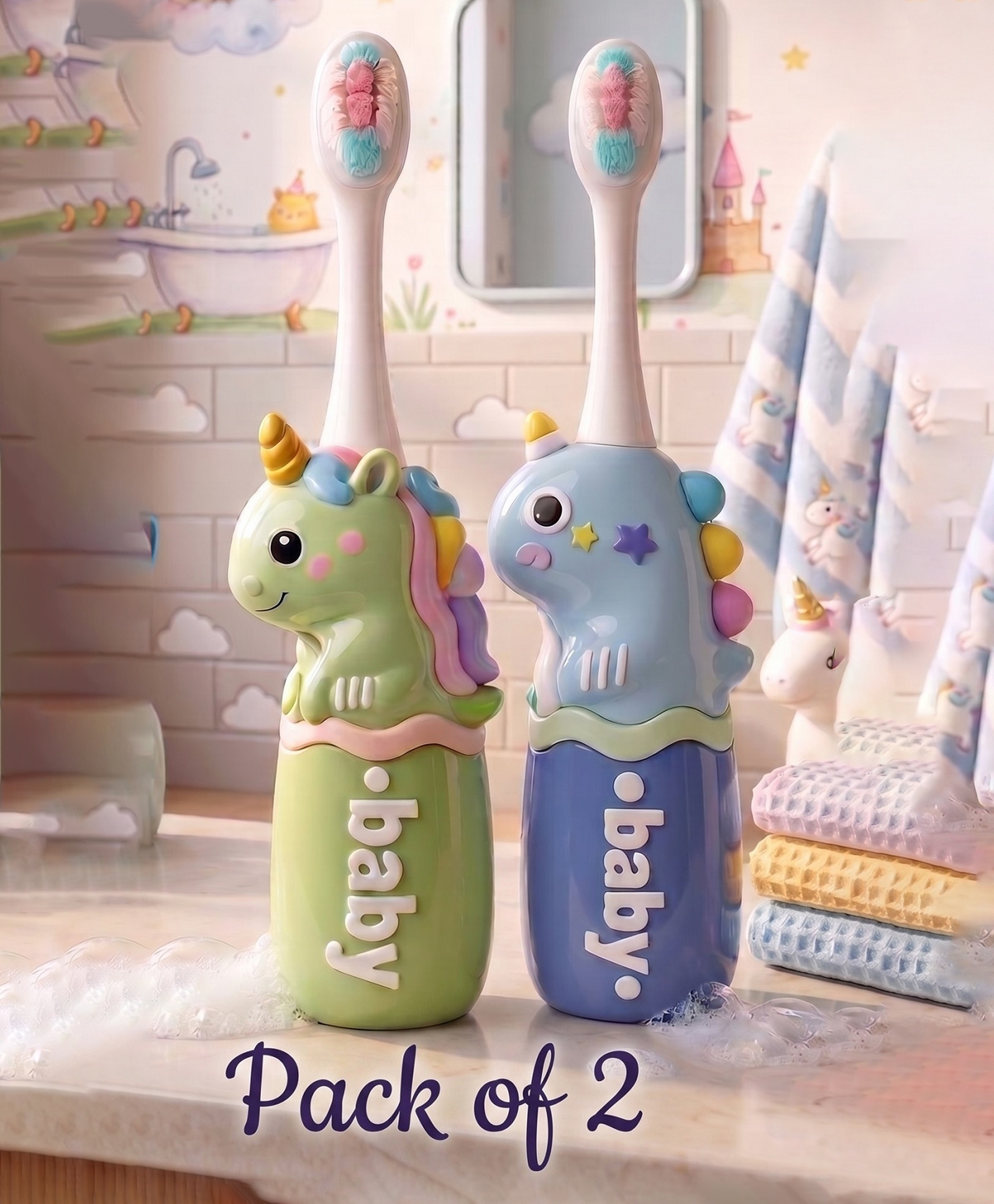 Ortis Kids Toothbrush with Soft Silicone Head - (Pack of 2) Green & Blue-image-11