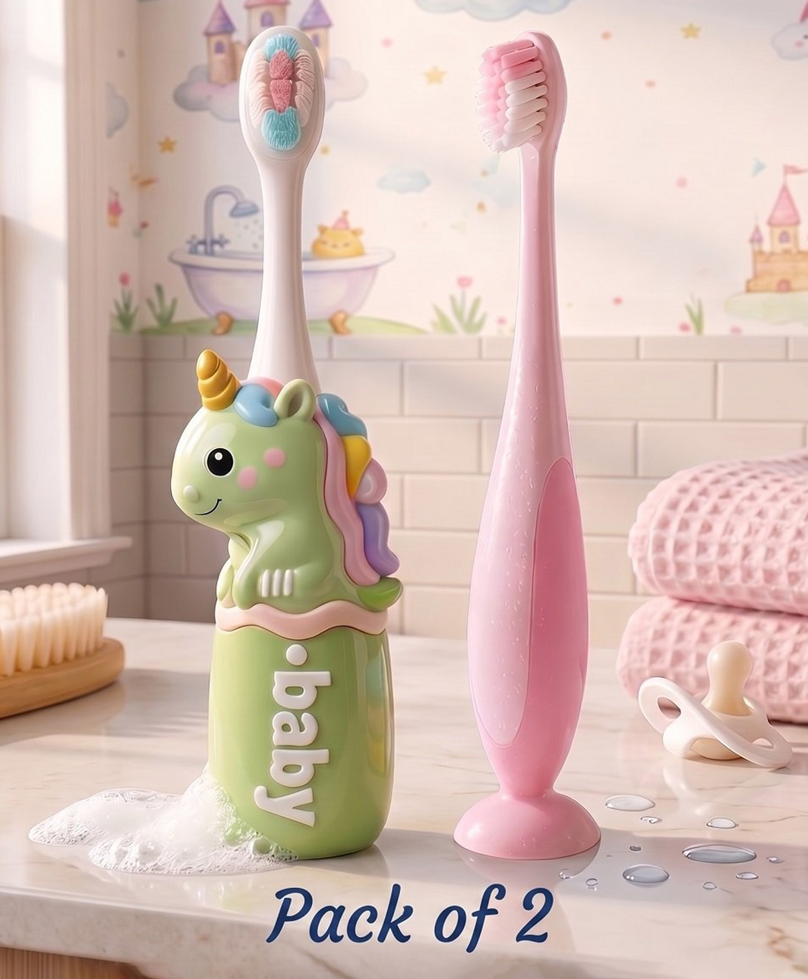 Ortis Kids Toothbrush with Soft Silicone Head - (Pack of 2) Green & pink-image-39