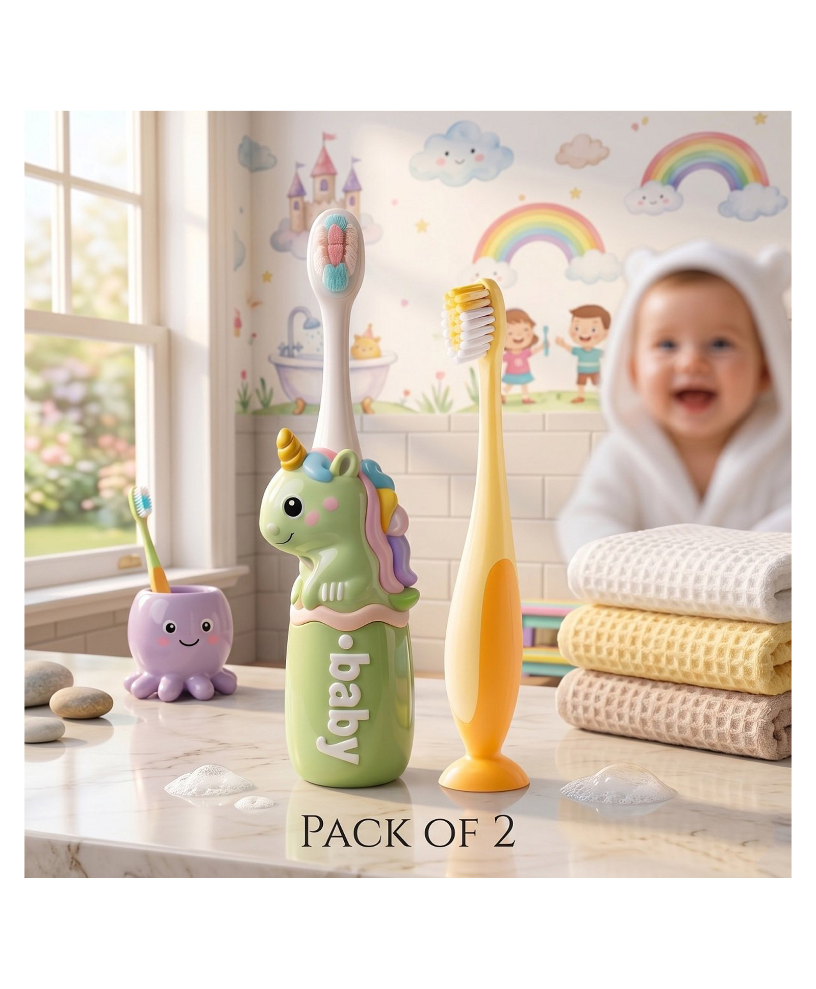 Ortis Kids Toothbrush with Soft Silicone Head - (Pack of 2) Green & Yellow-image-40