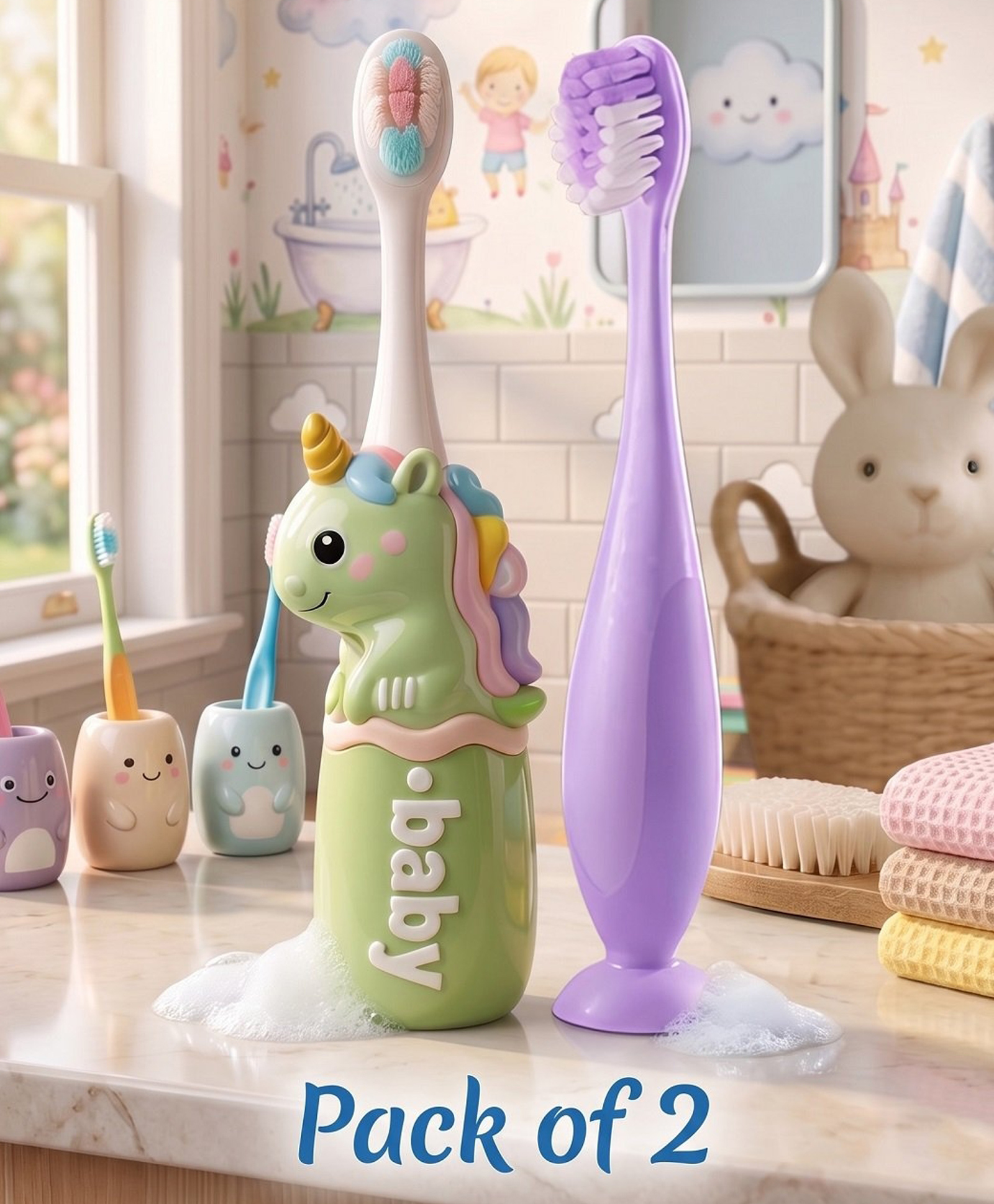 Ortis Kids Toothbrush with Soft Silicone Head - (Pack of 2) Green & Purple-image-41
