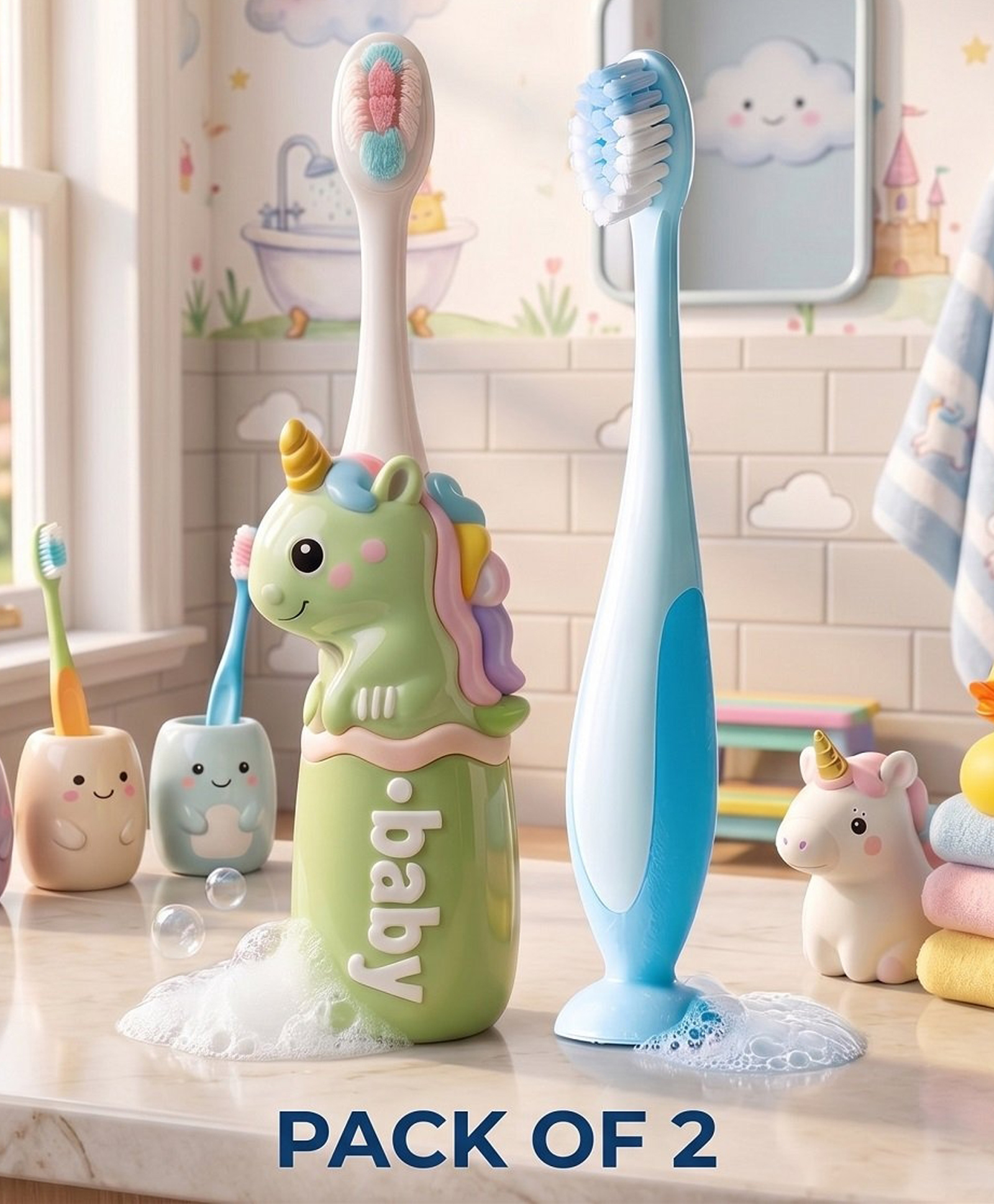 Ortis Kids Toothbrush with Soft Silicone Head - (Pack of 2) Green & Blue-image-42