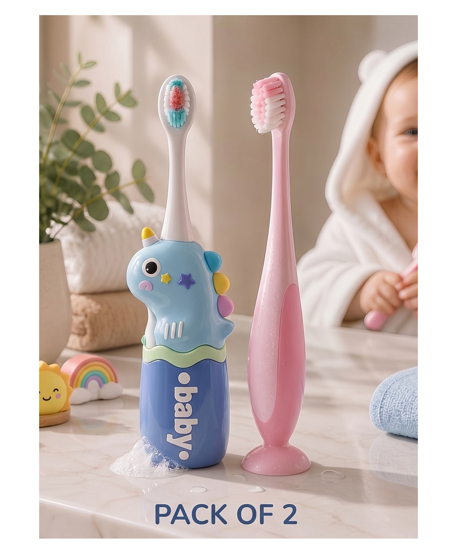 Ortis Kids Toothbrush with Soft Silicone Head - (Pack of 2) Blue & Pink-image-43