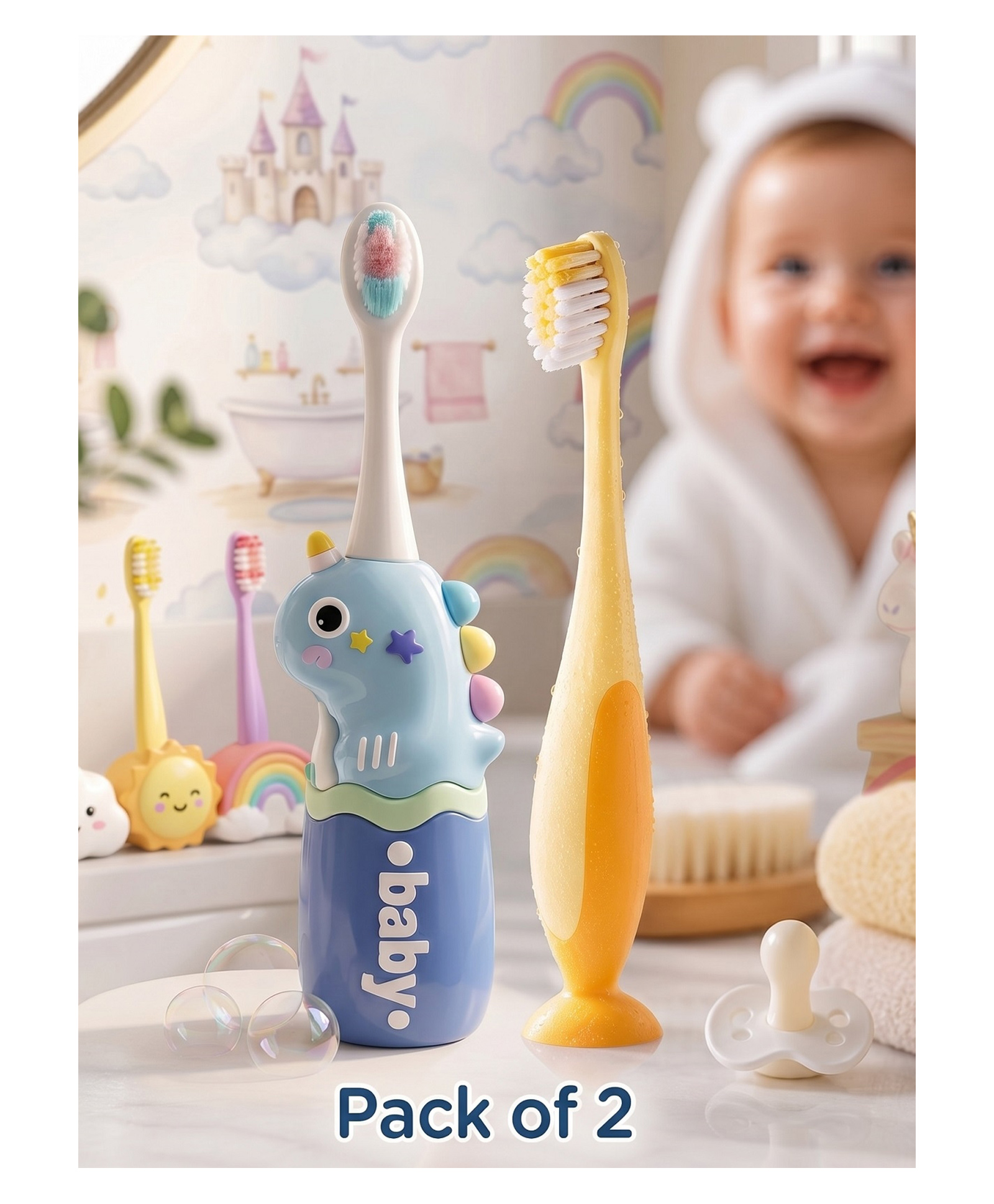 Ortis Kids Toothbrush with Soft Silicone Head - (Pack of 2) Blue & Yellow-image-44